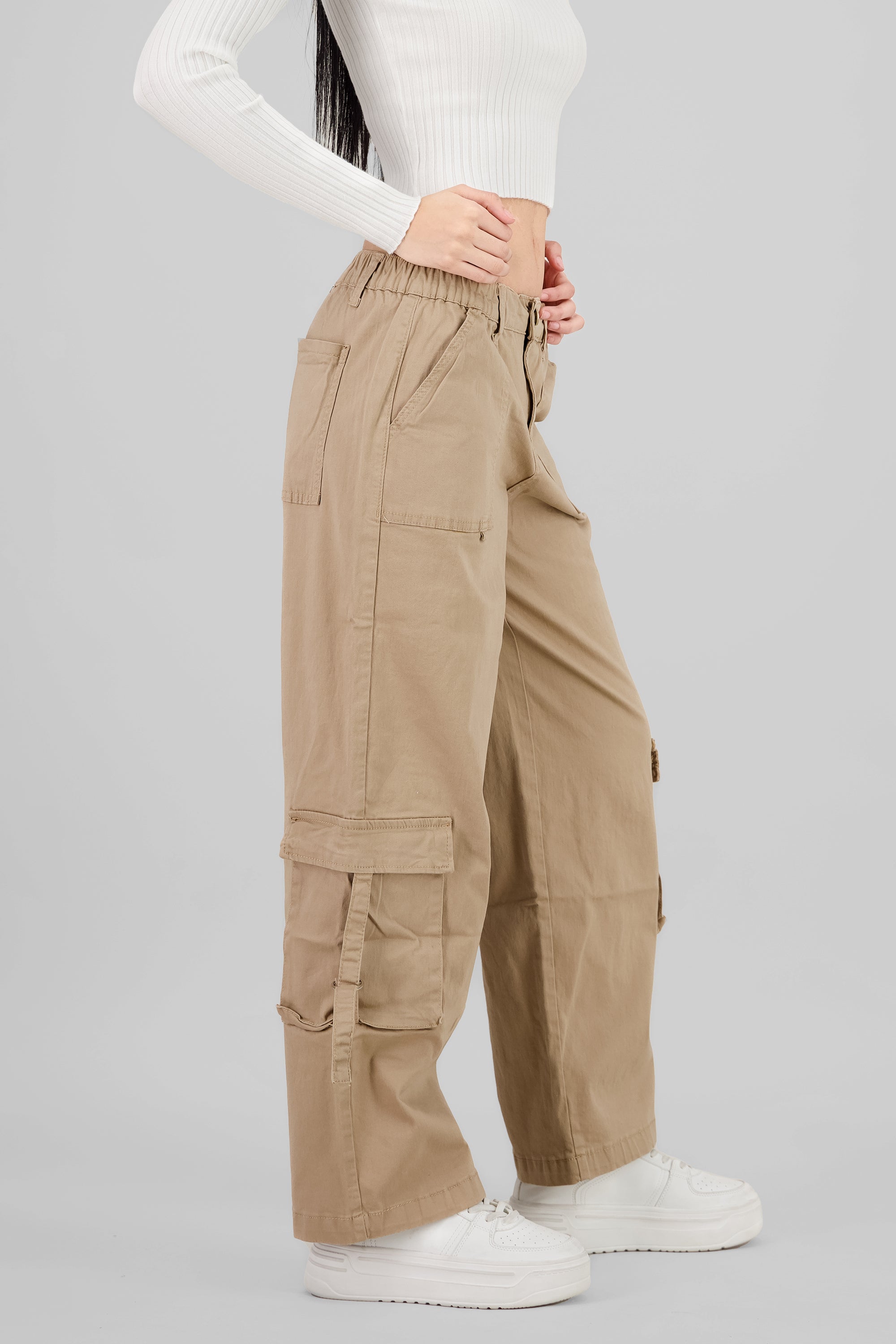 Elastic Waistband Cargo Pants KHAKI