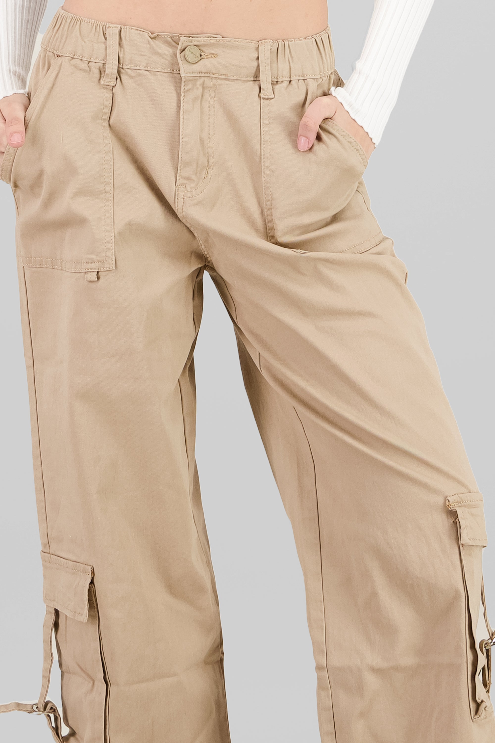 Elastic Waistband Cargo Pants KHAKI