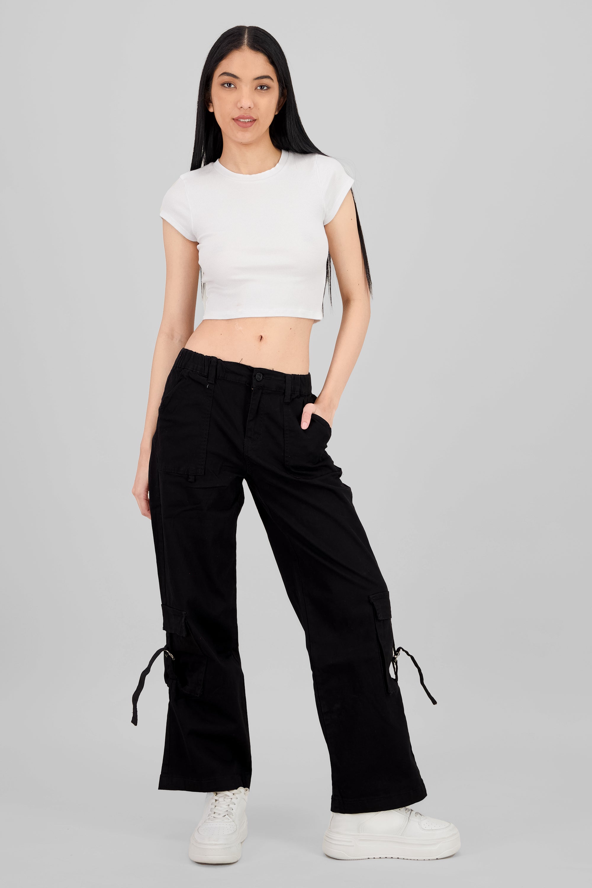 Elastic Waistband Cargo Pants BLACK