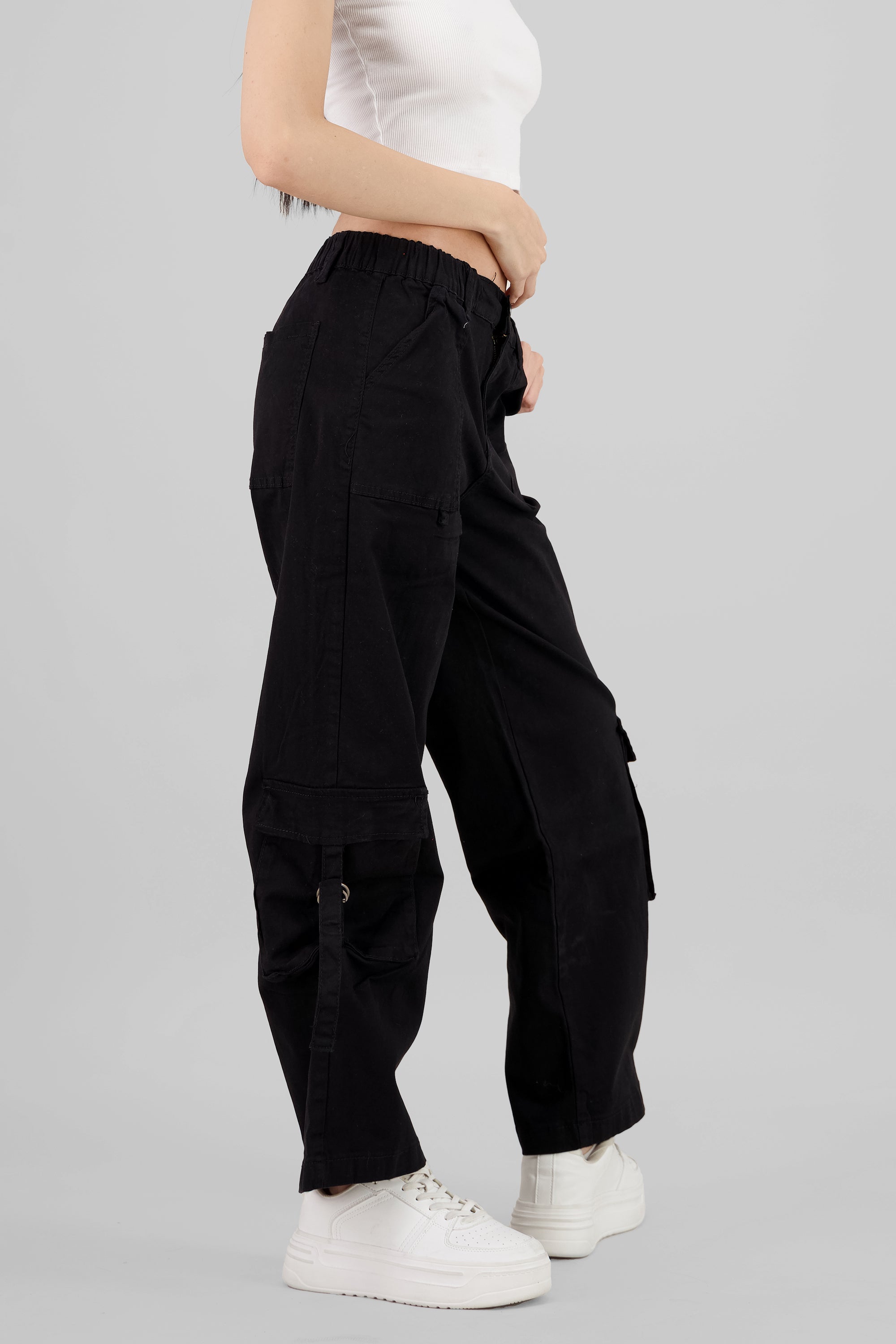 Elastic Waistband Cargo Pants BLACK