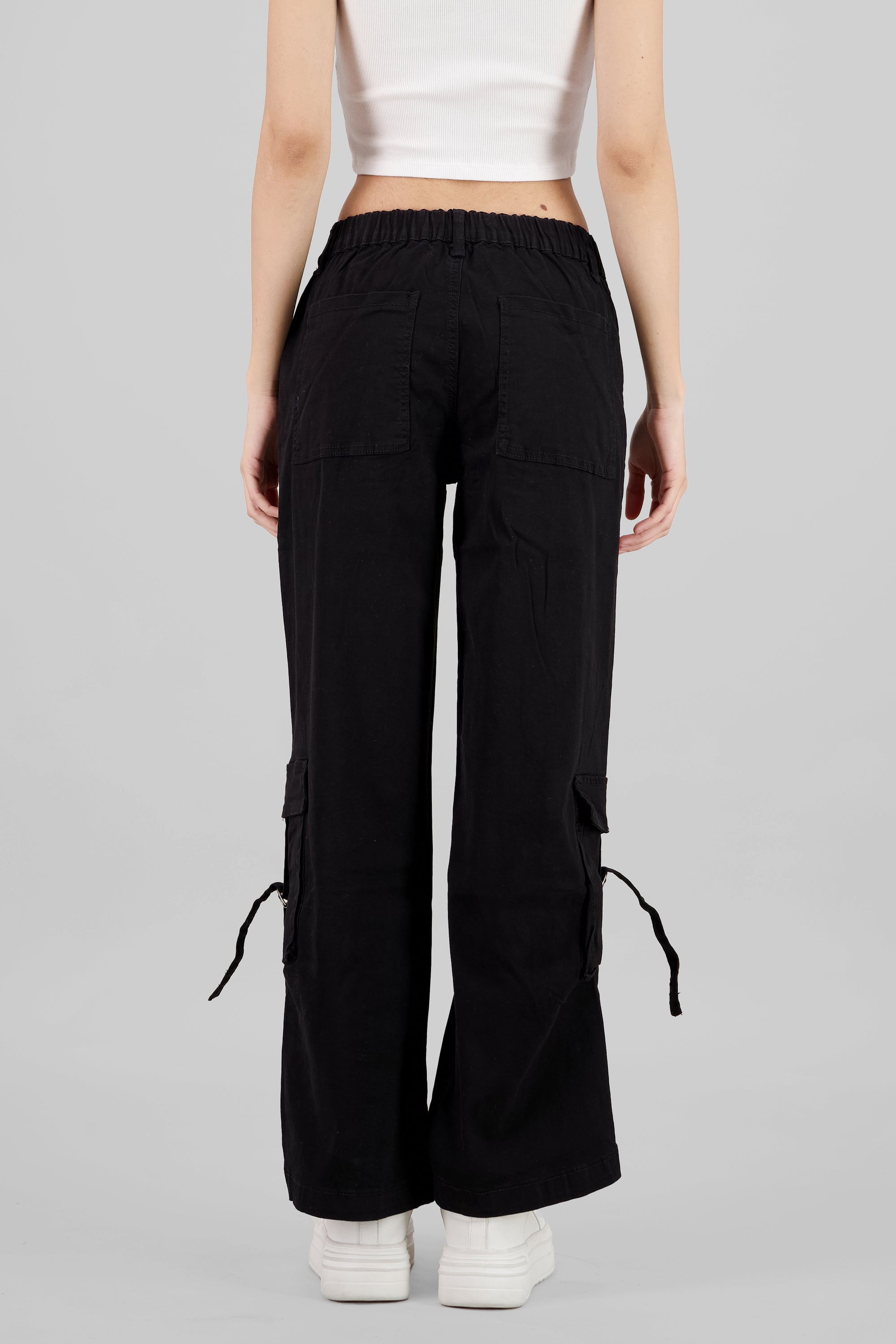 Elastic Waistband Cargo Pants BLACK