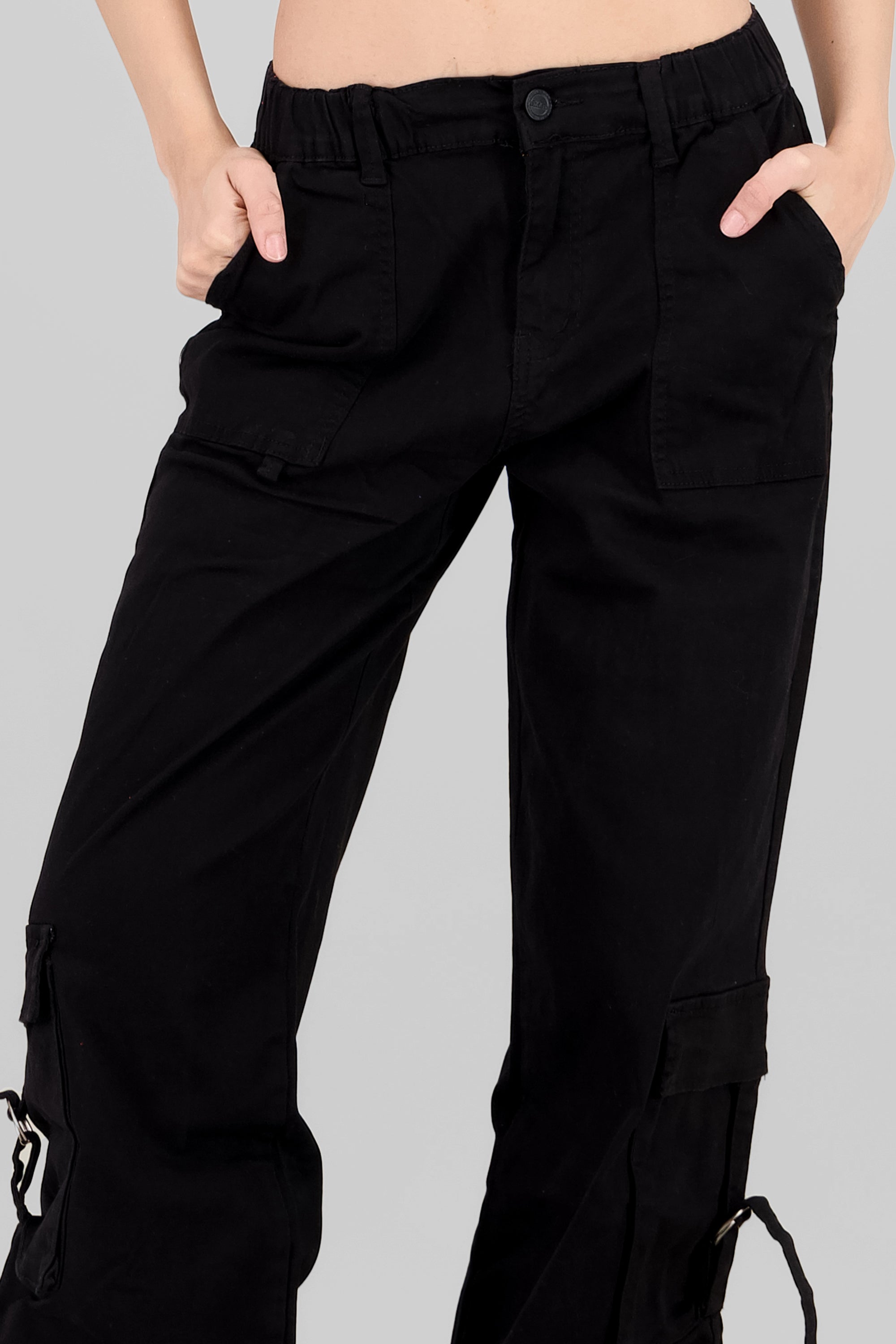 Elastic Waistband Cargo Pants BLACK