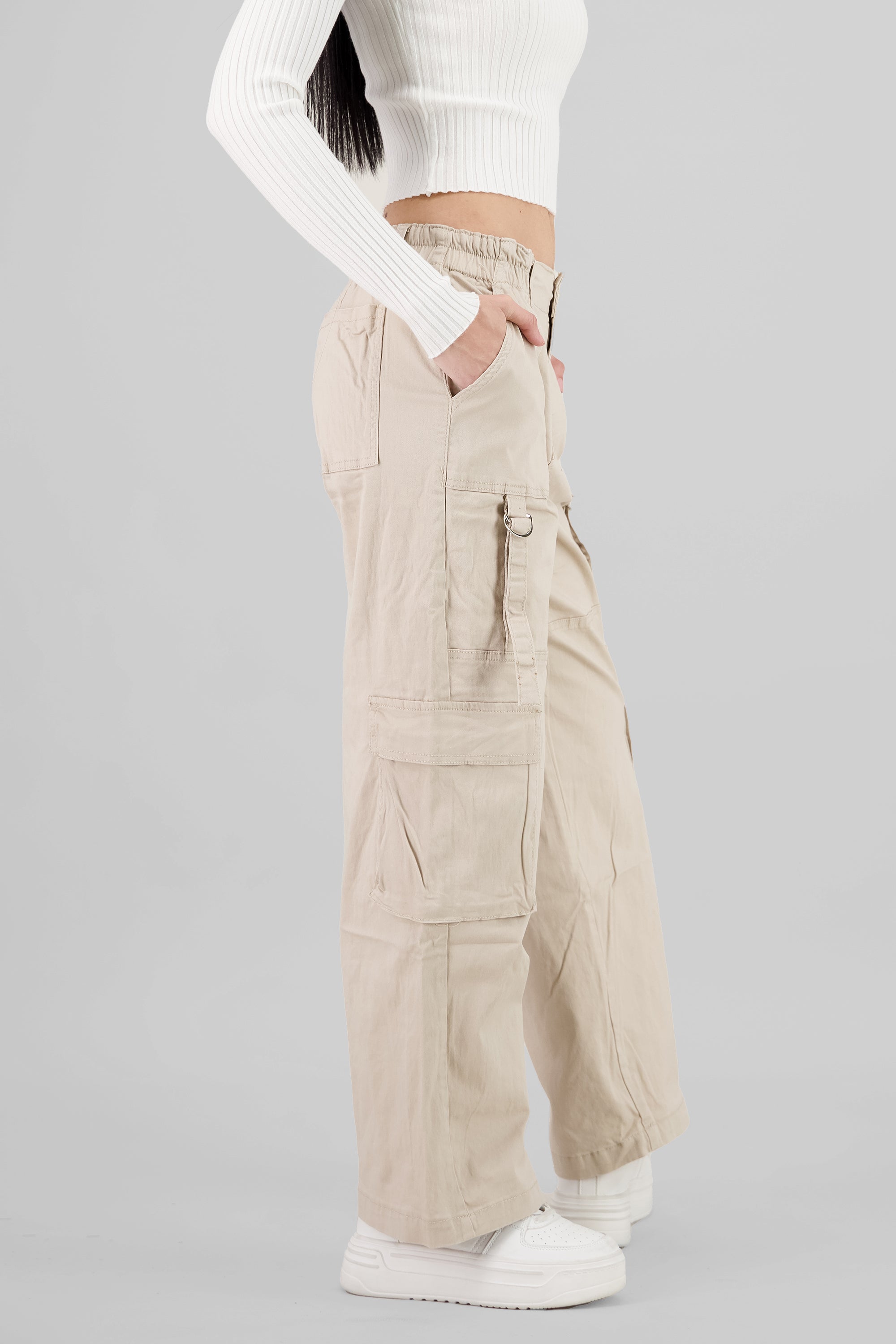 Cargo Pants with Three Pockets and Straps IVORY