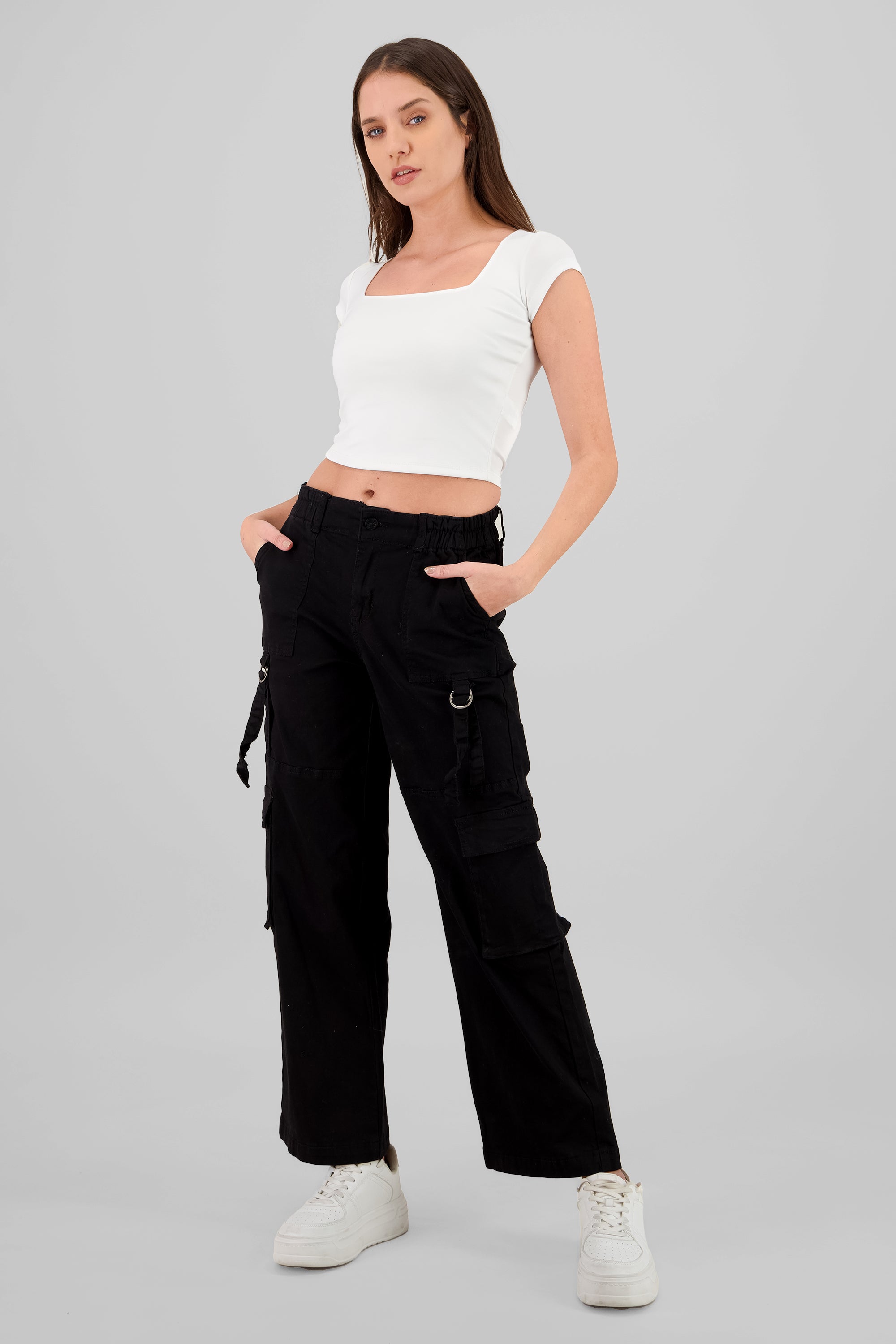 Cargo Pants with Three Pockets and Straps BLACK