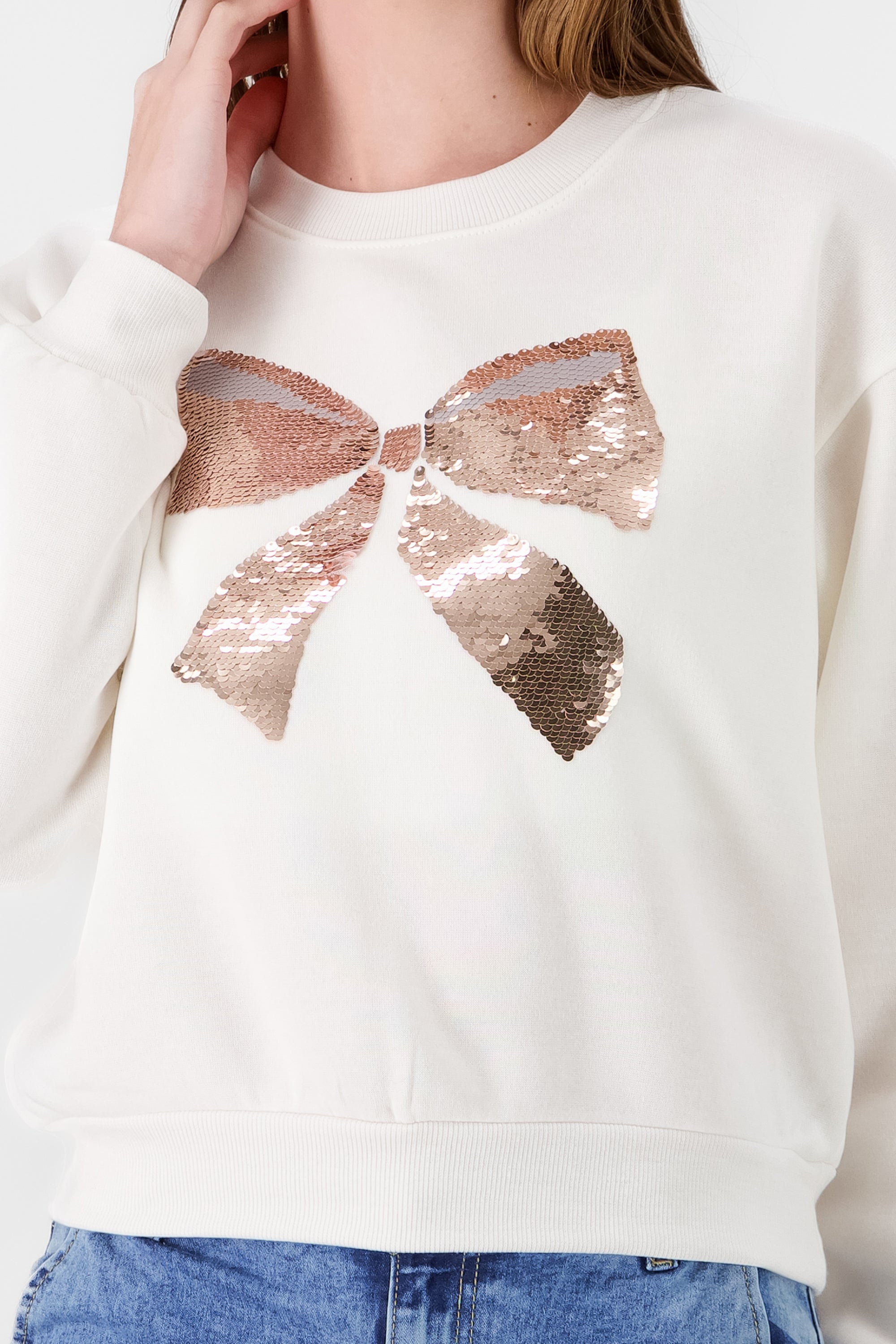 Solid Hoodie with Sequin Bow BONE COMBO