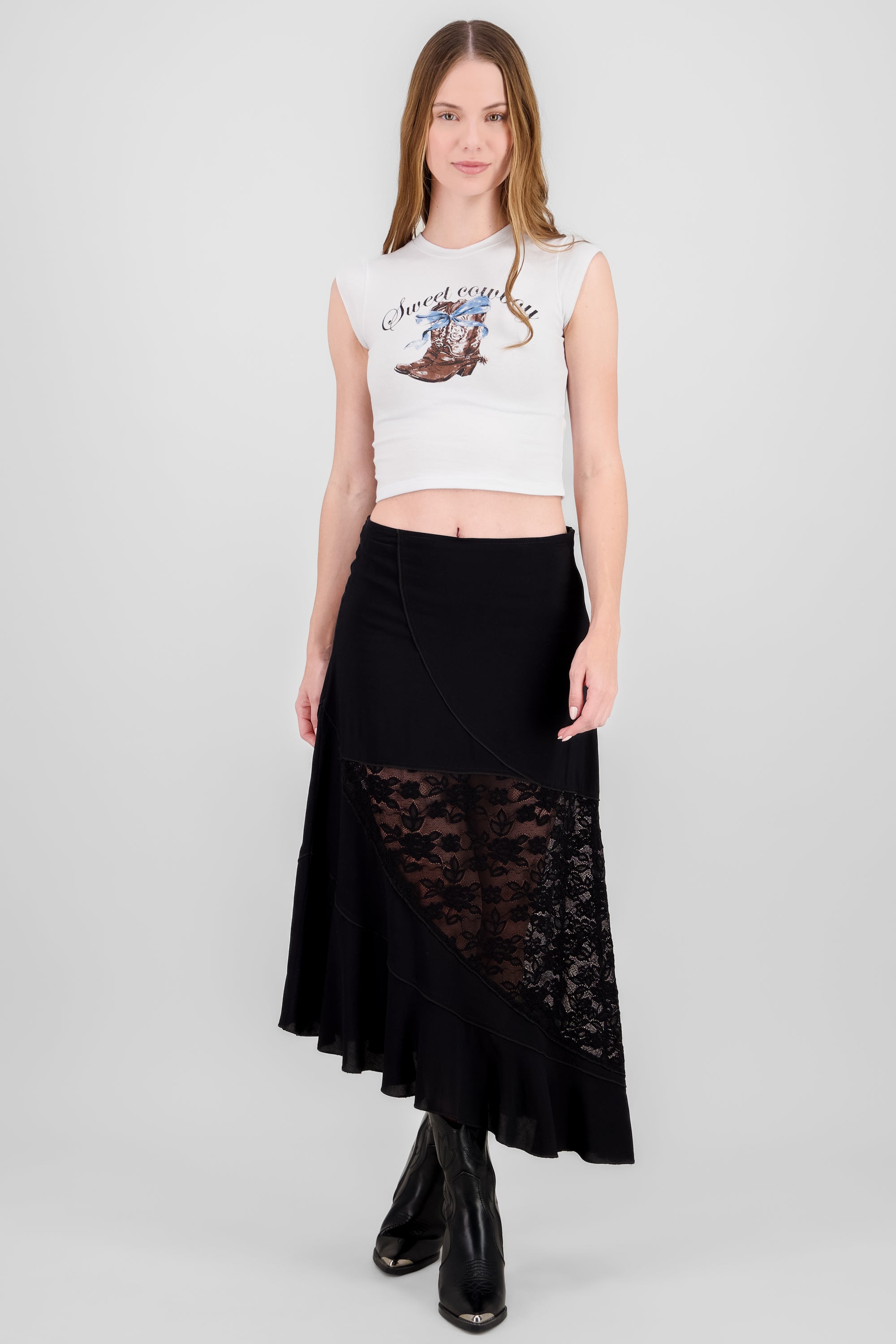 Contrast Lace Midi Skirt BLACK