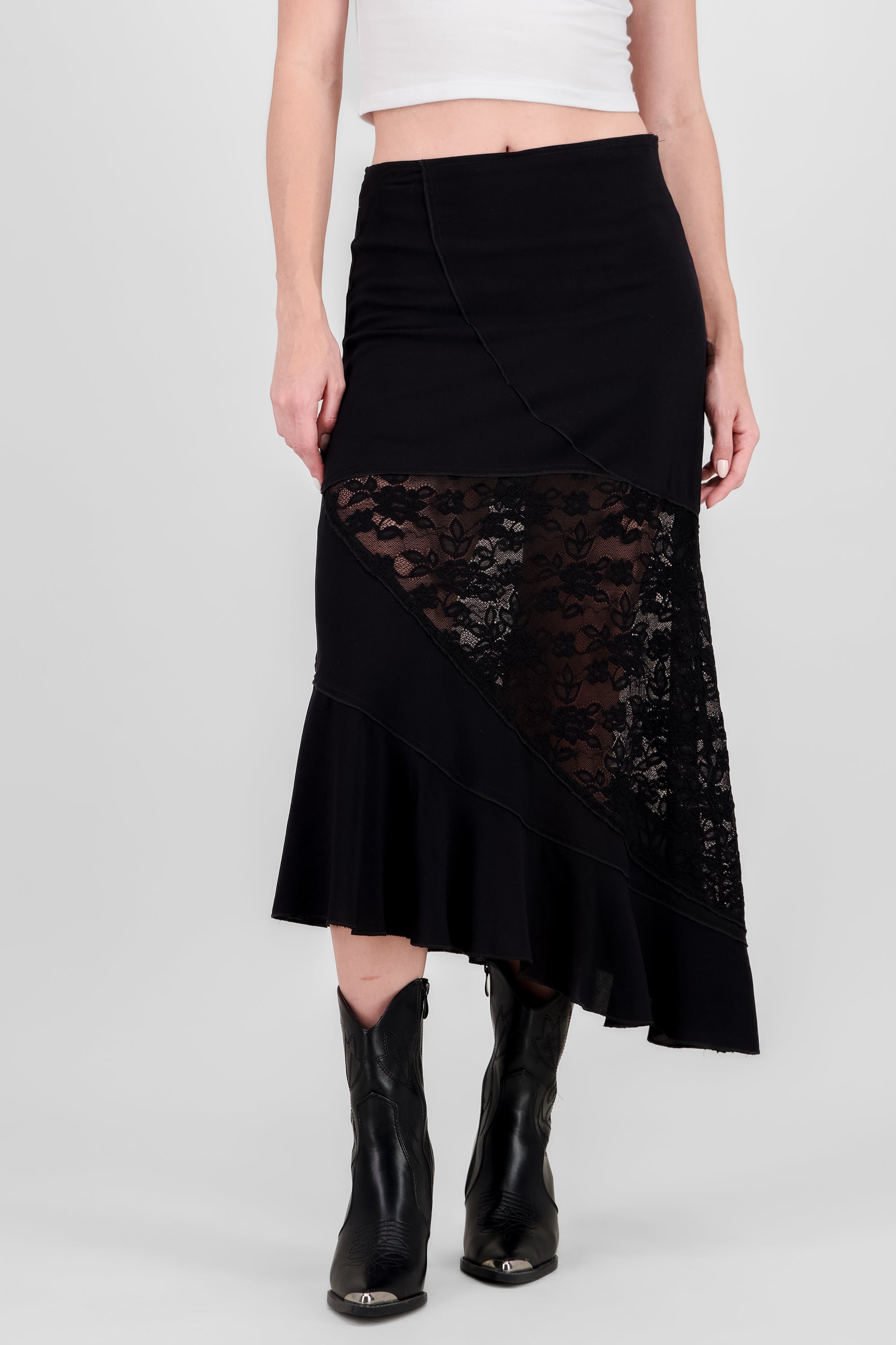 Contrast Lace Midi Skirt BLACK