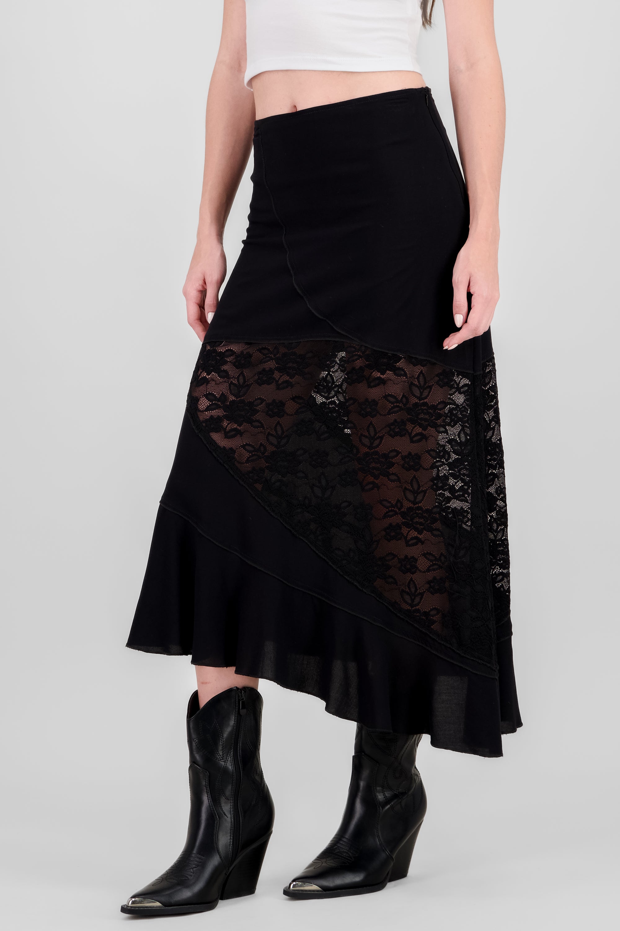 Contrast Lace Midi Skirt BLACK