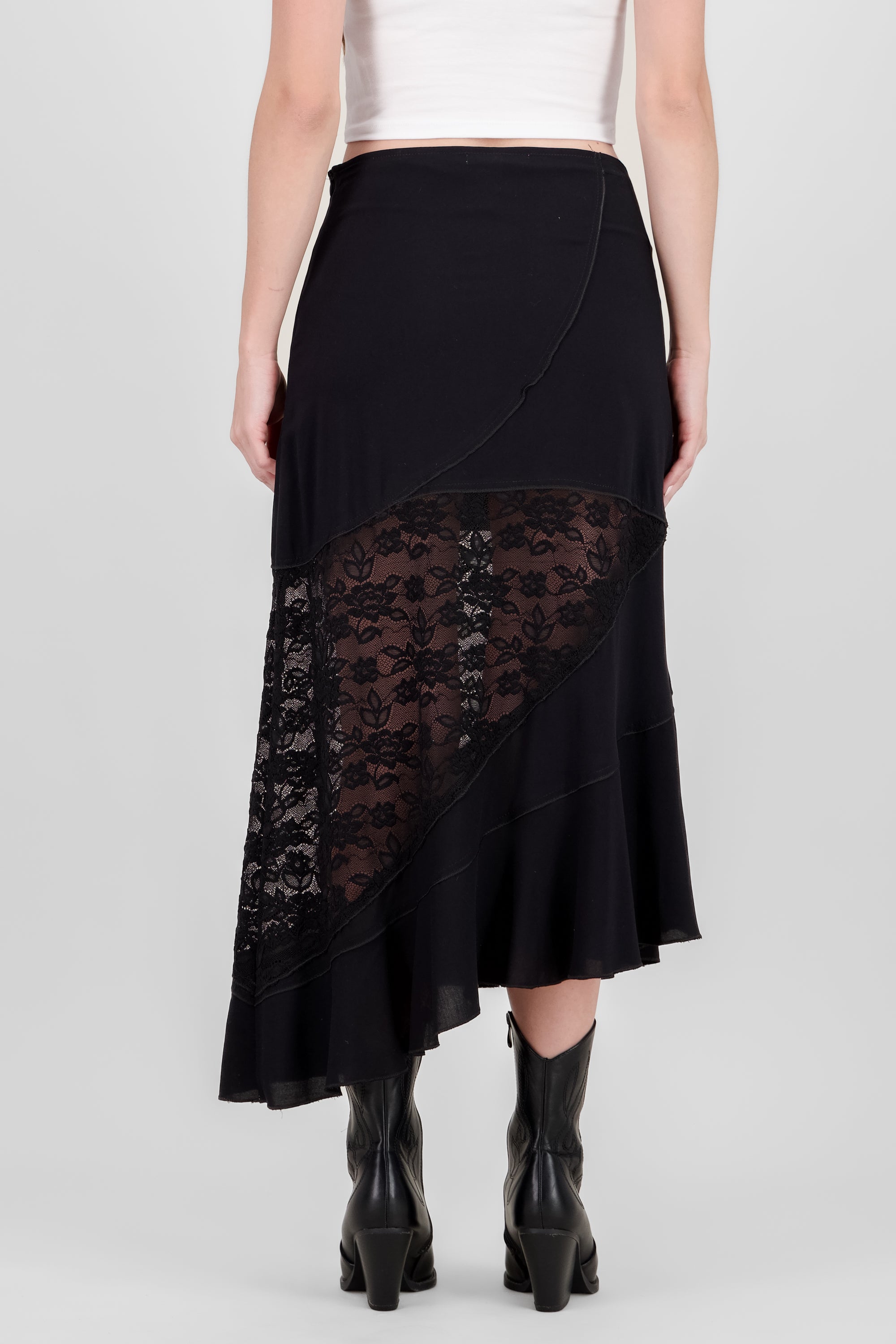 Contrast Lace Midi Skirt BLACK