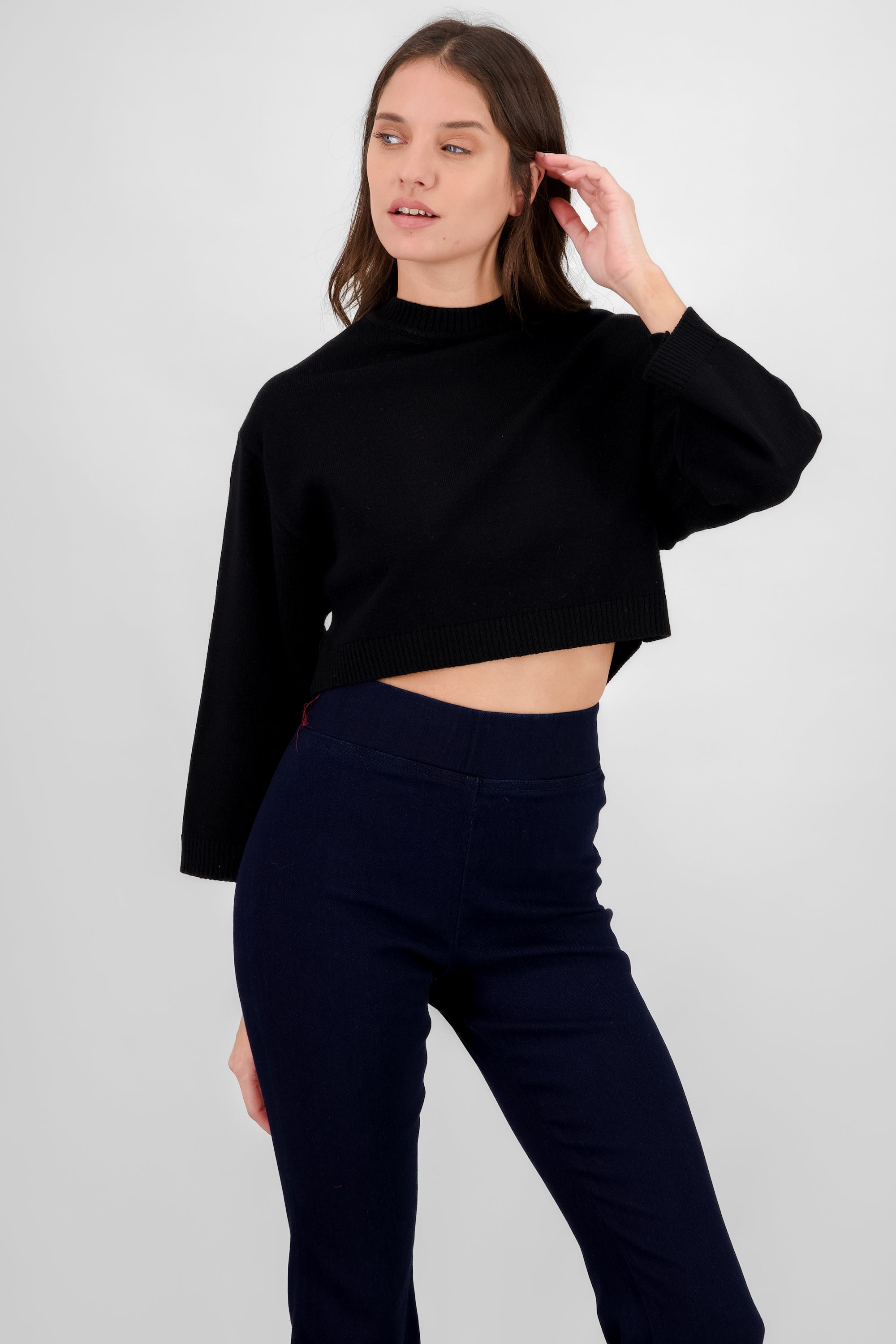 Solid Long Sleeve Sweater BLACK