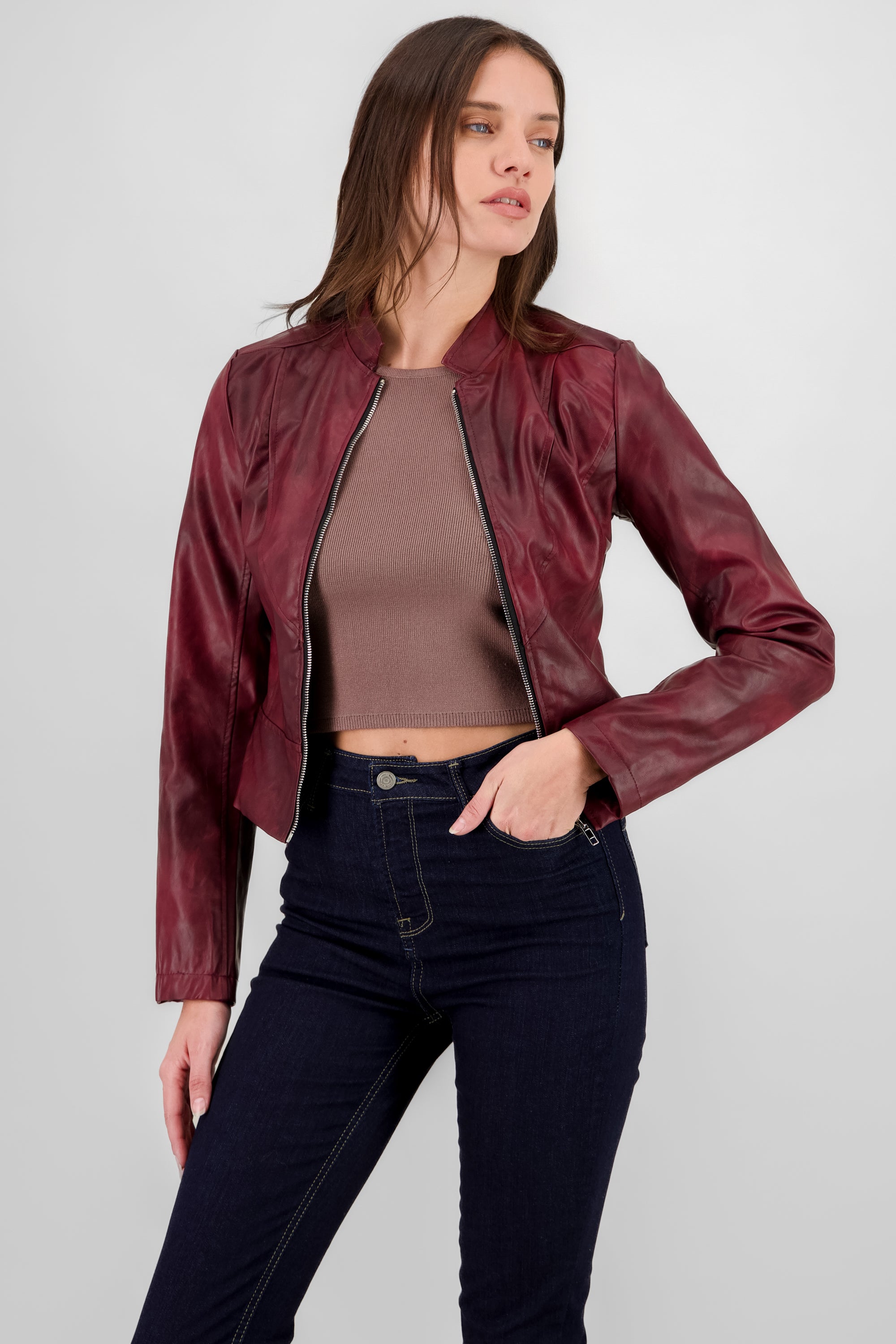 Washed Effect Faux Leather Jacket BURGUNDY