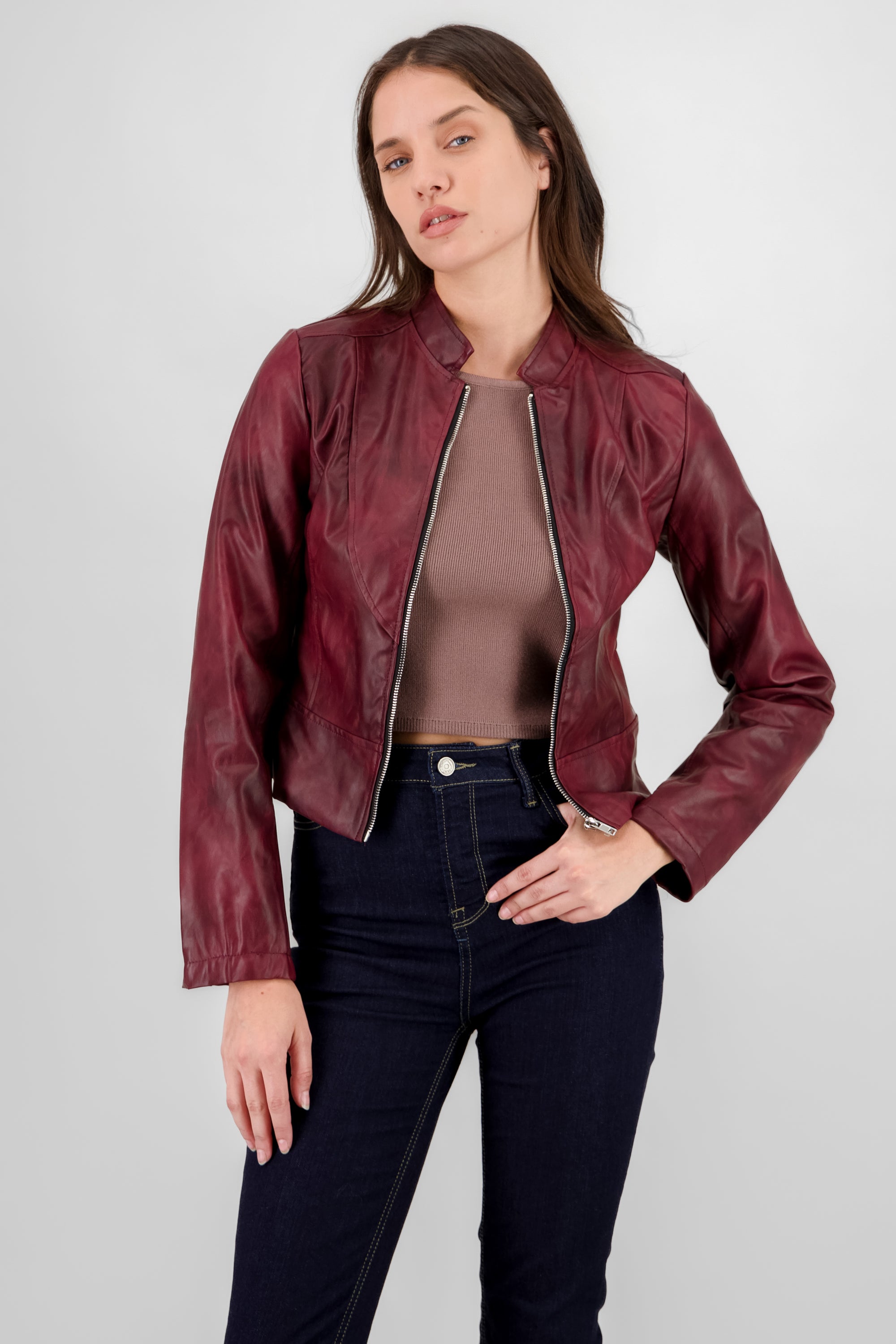 Washed Effect Faux Leather Jacket BURGUNDY