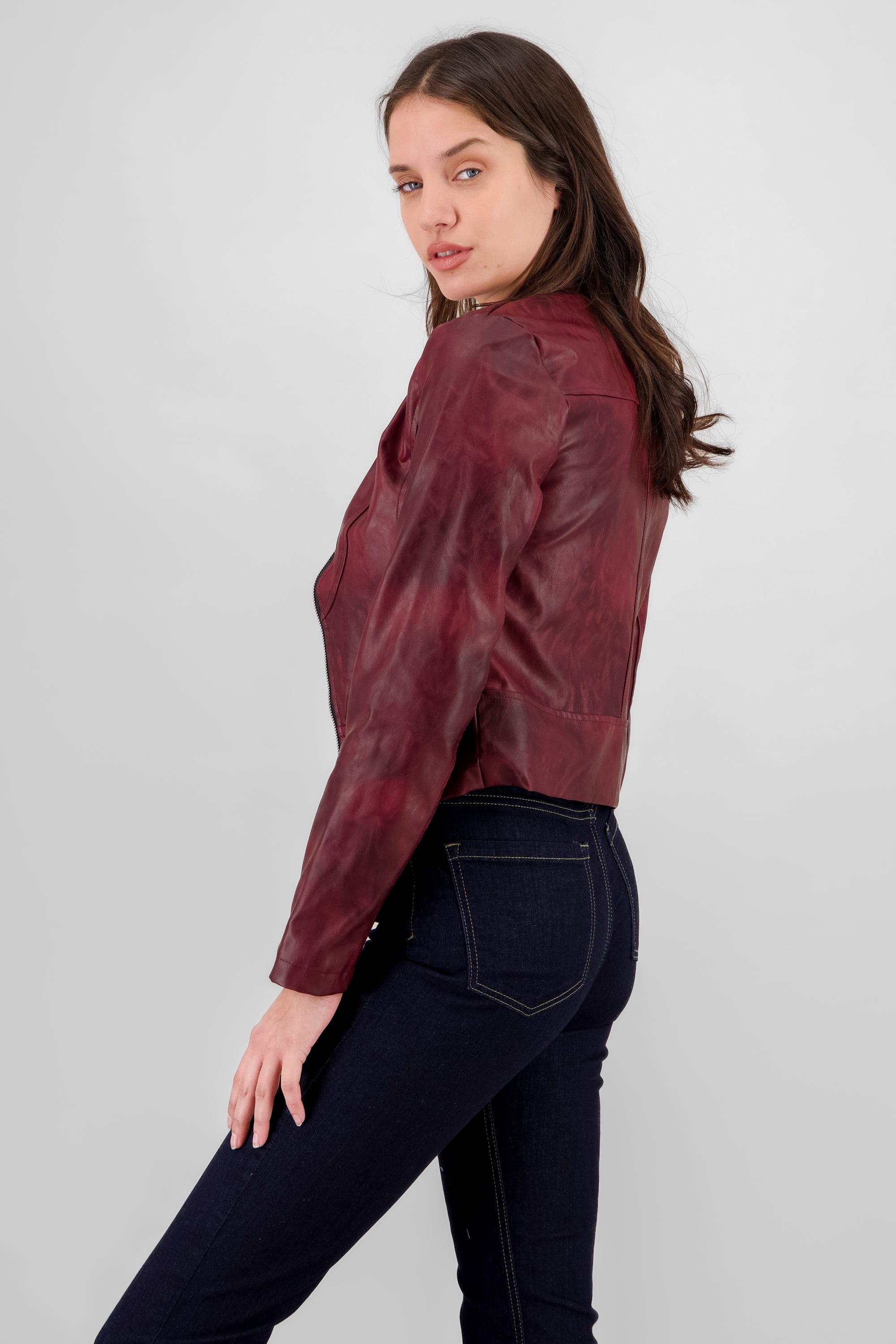 Washed Effect Faux Leather Jacket BURGUNDY