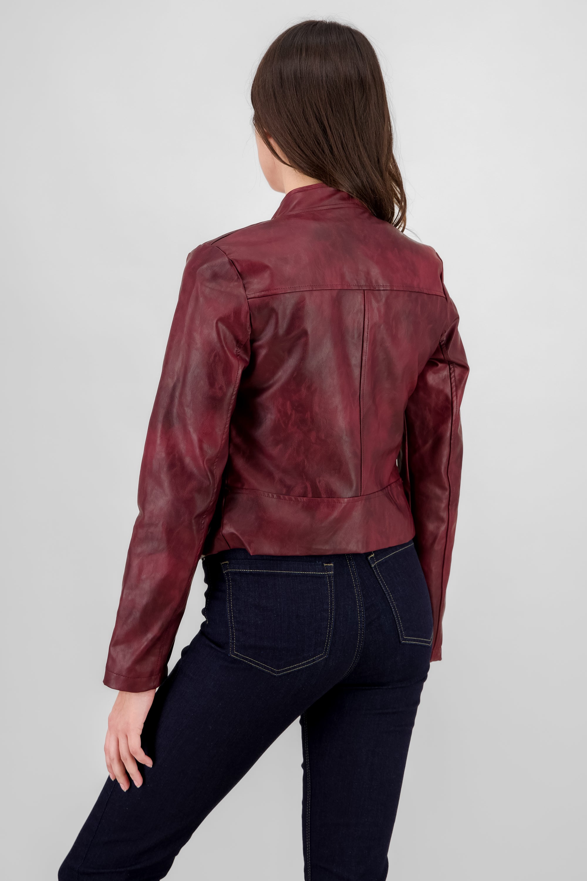 Washed Effect Faux Leather Jacket BURGUNDY