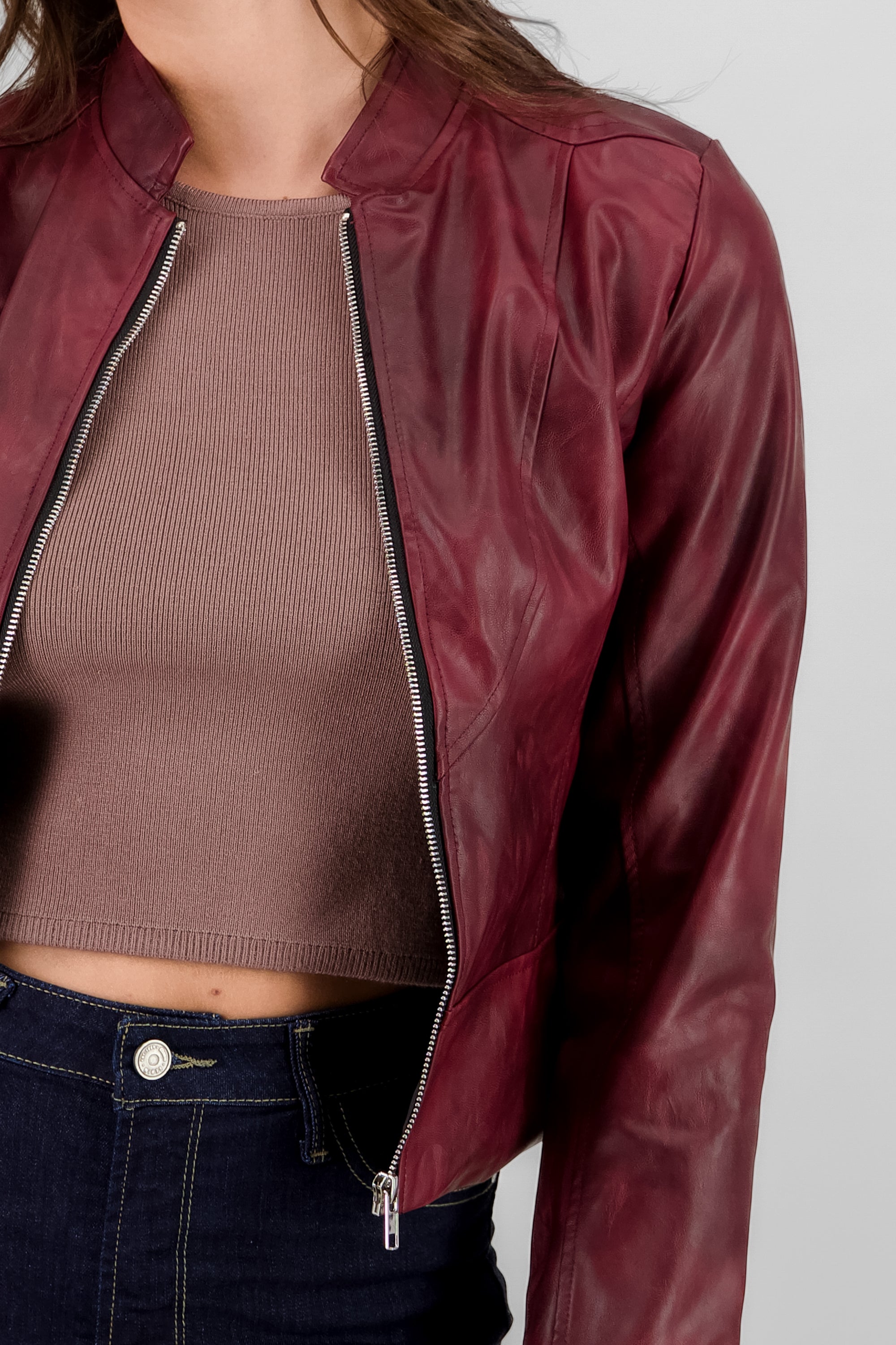 Washed Effect Faux Leather Jacket BURGUNDY