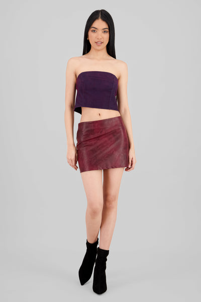 Washed Effect Faux Leather Skirt BURGUNDY