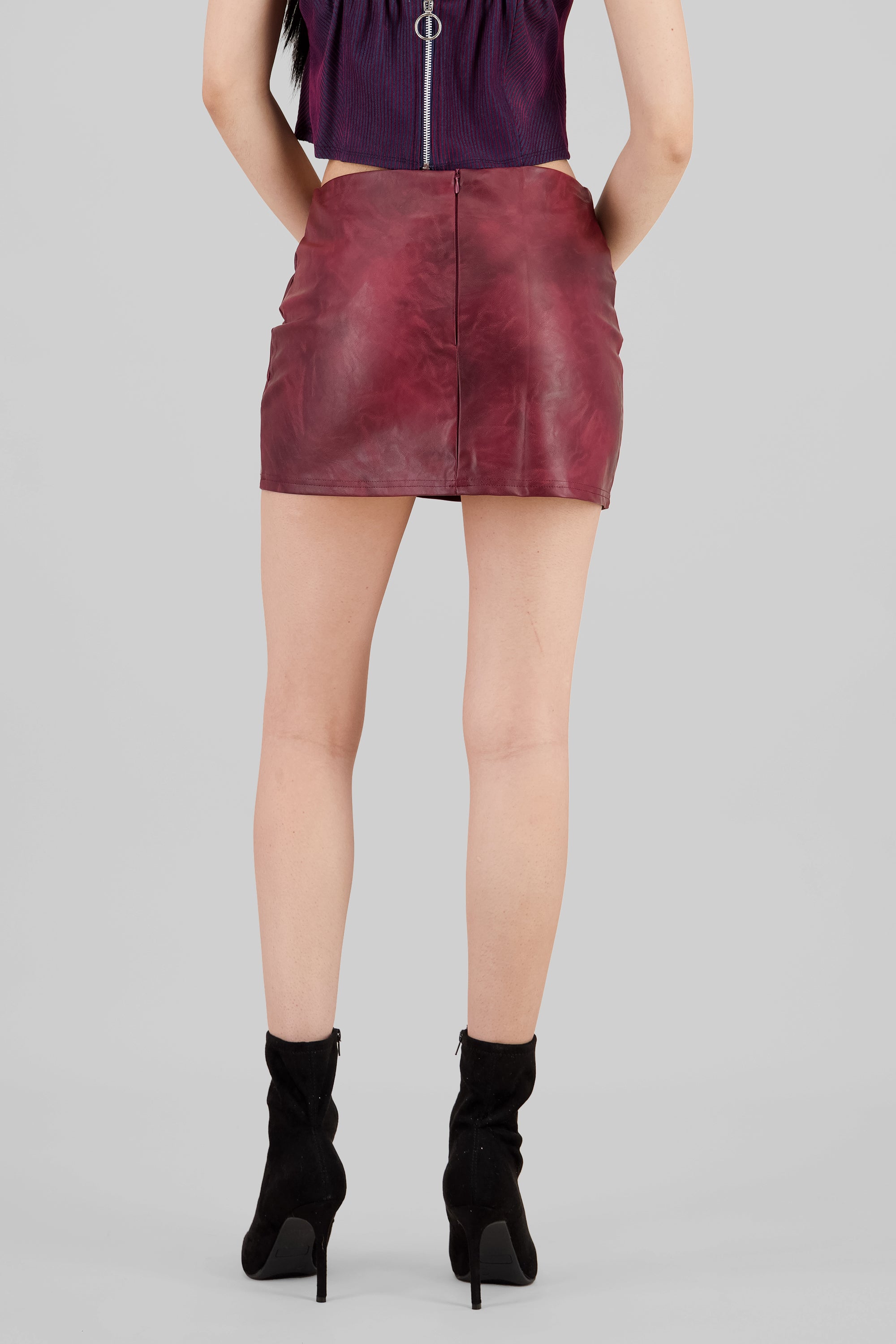 Washed Effect Faux Leather Skirt BURGUNDY