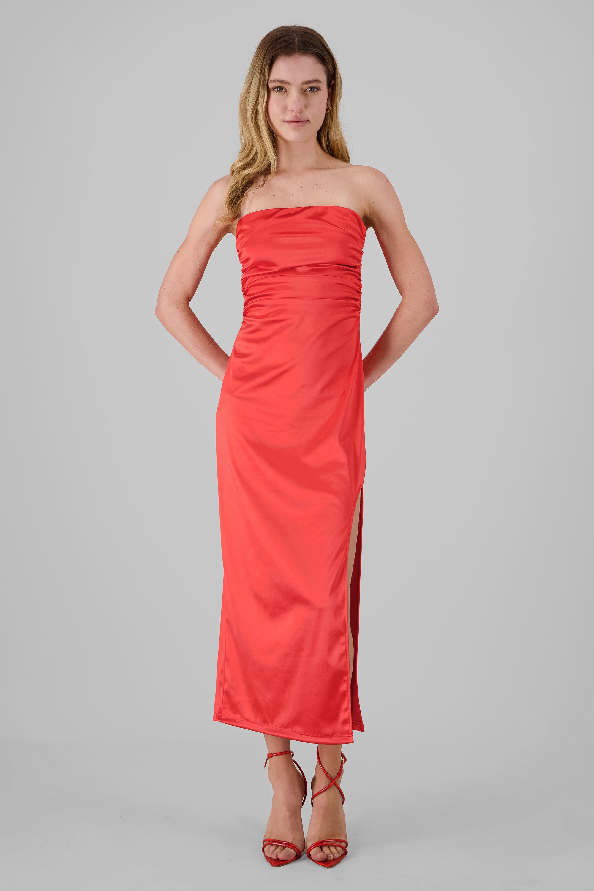 Draped Satin Midi Dress RED