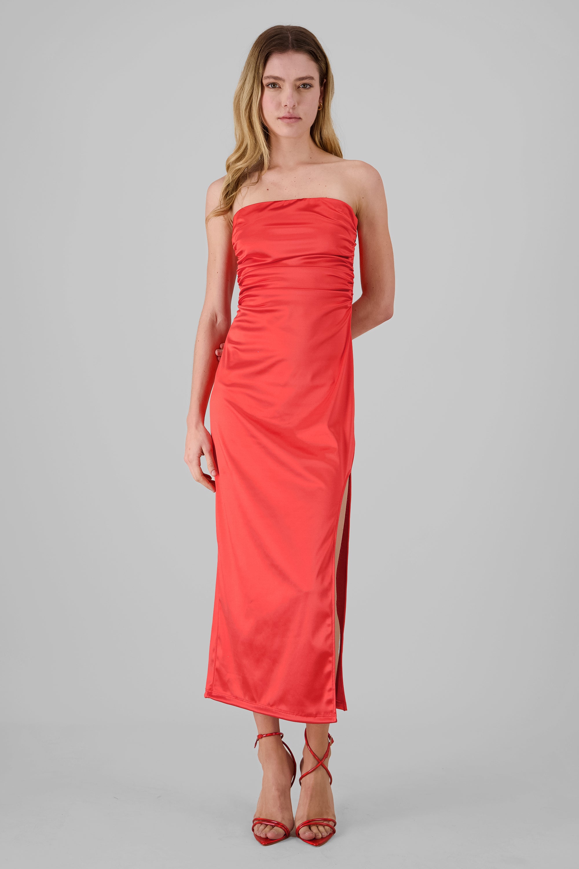 Draped Satin Midi Dress RED