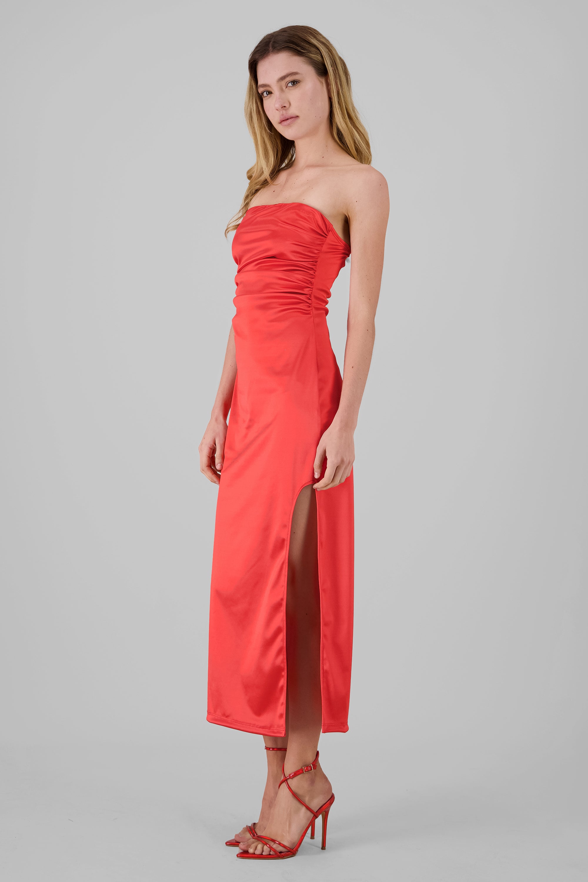 Draped Satin Midi Dress RED