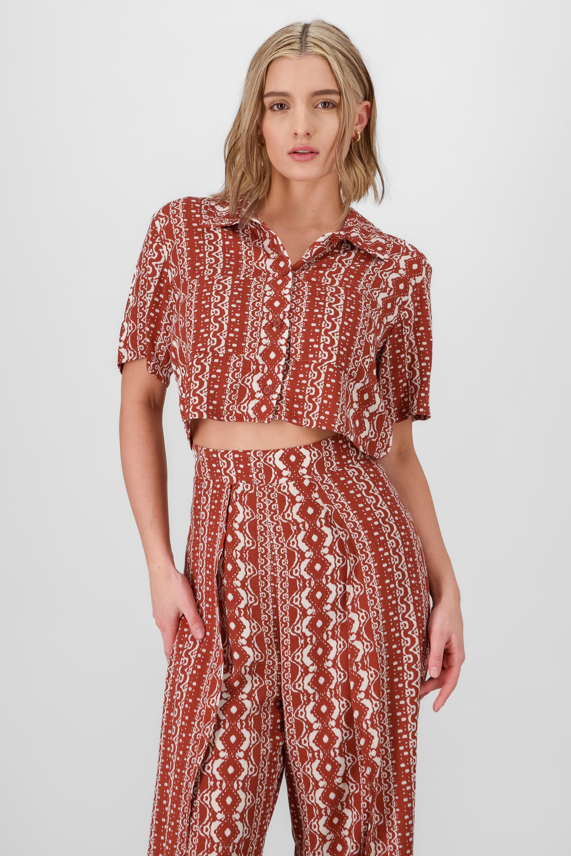 Cropped Shirt with Print Detail BRICK RED