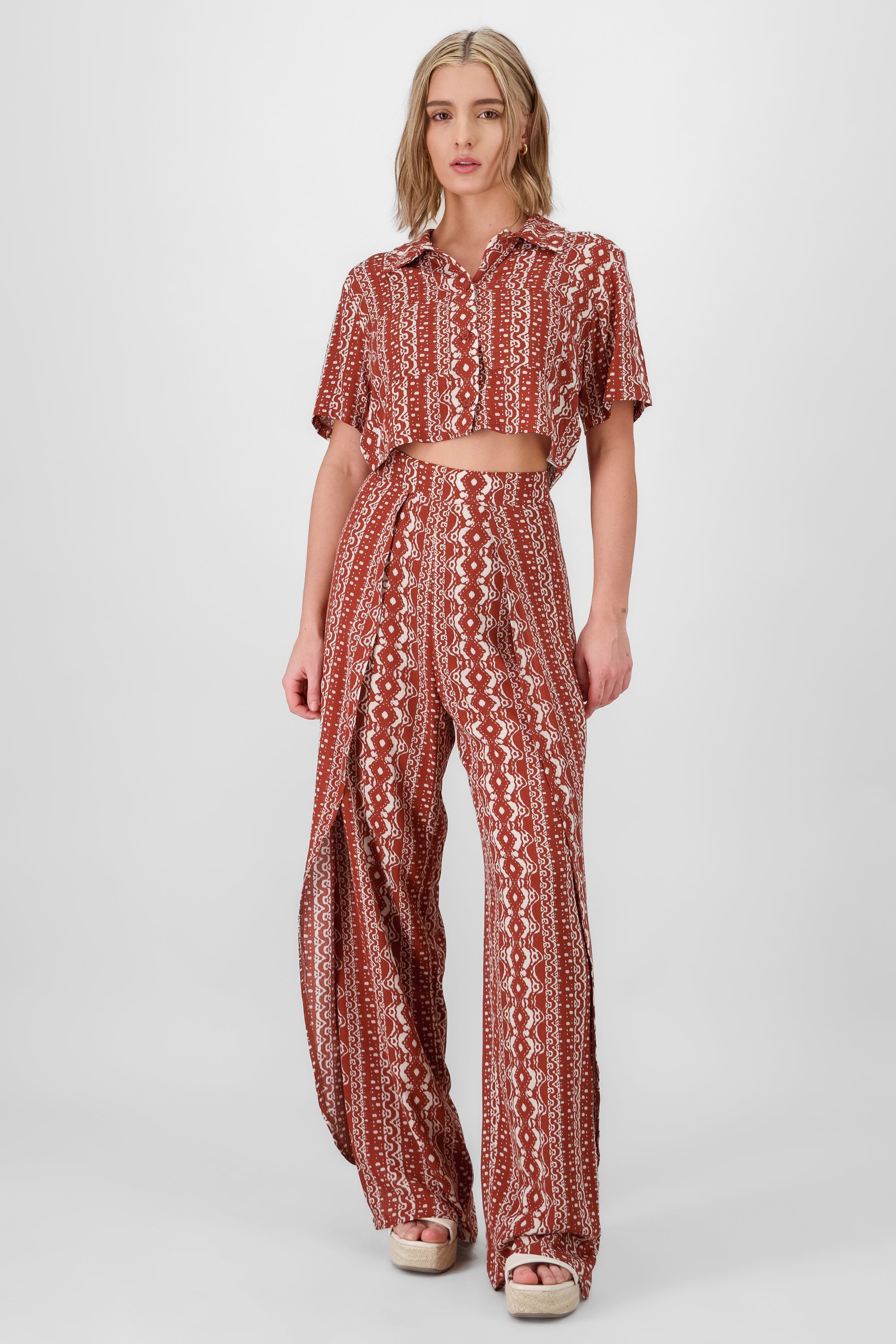 Printed Pants with Slits BRICK RED