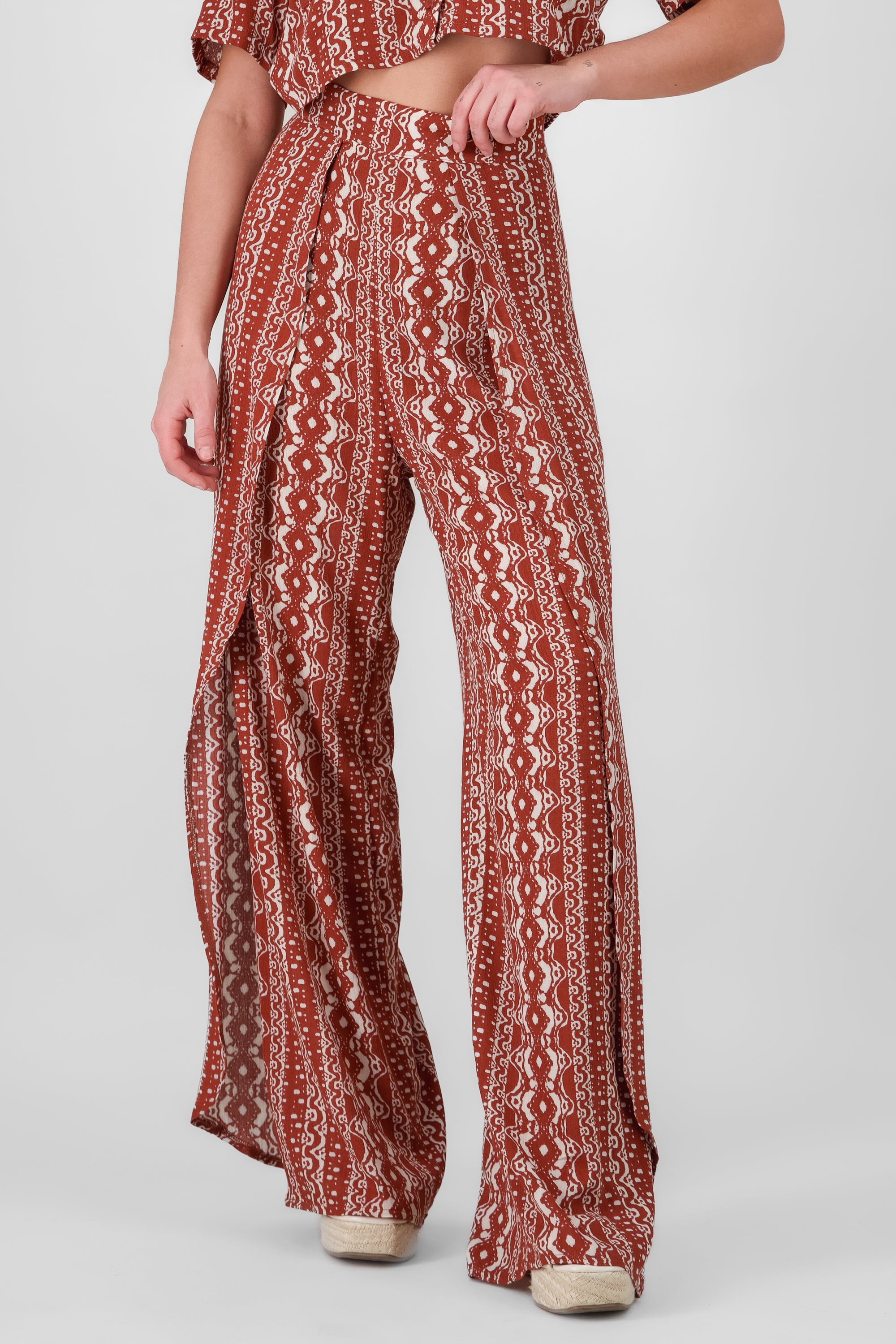 Printed Pants with Slits BRICK RED