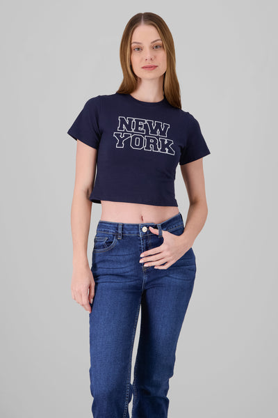 Cropped NY Print T Shirt NAVY COMBO