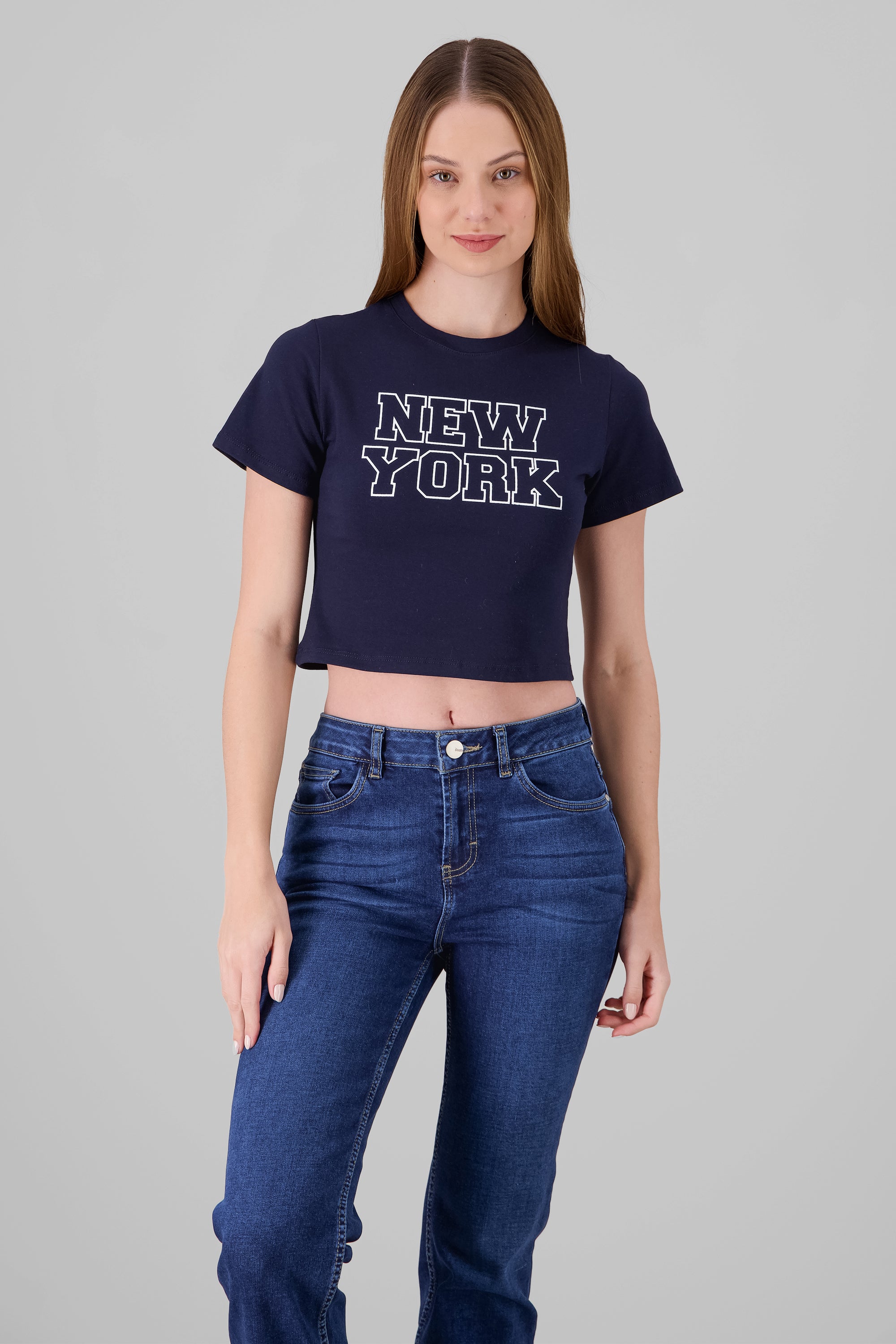 Cropped NY Print T Shirt NAVY COMBO