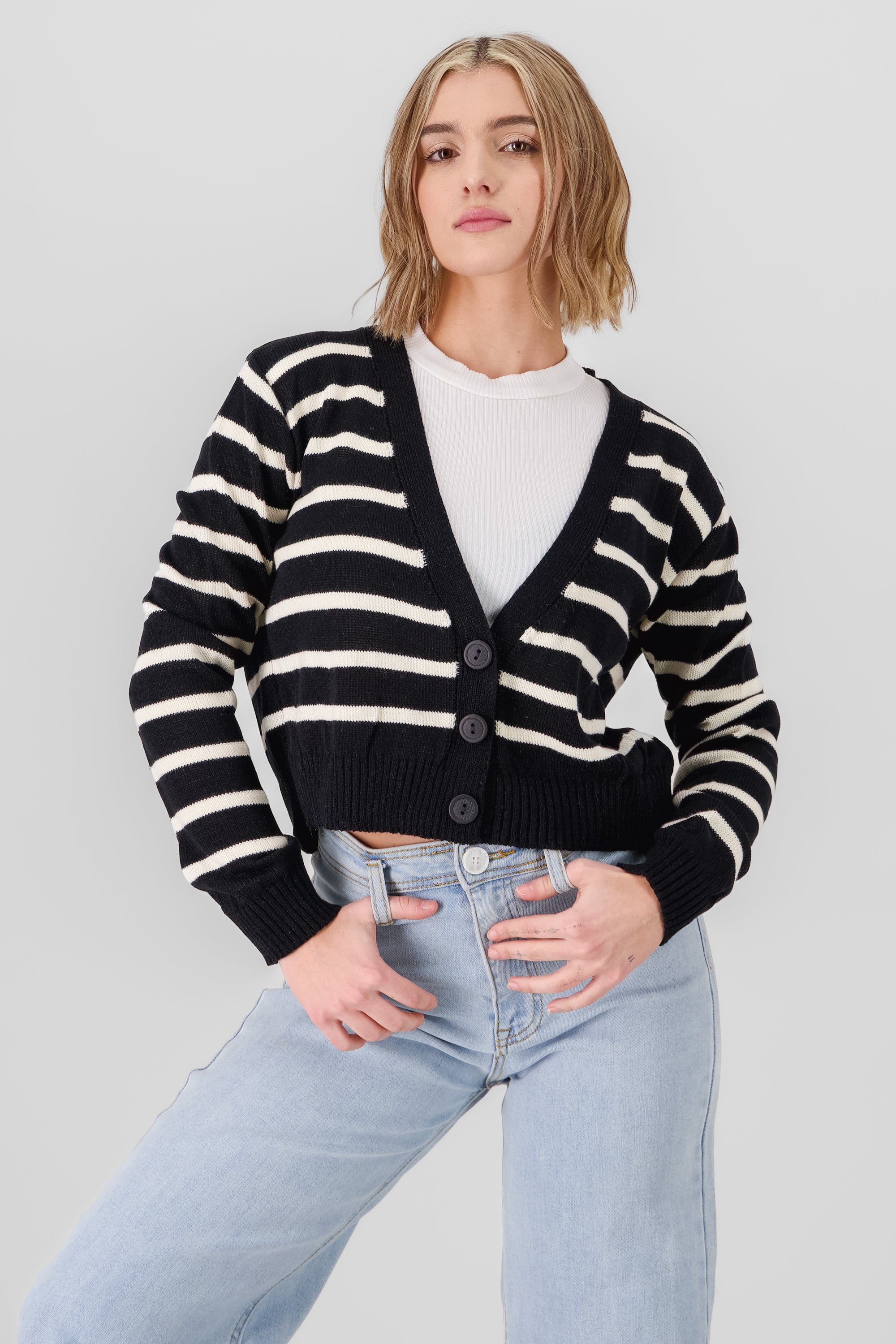 Striped Button Cardigan BLACK COMBO