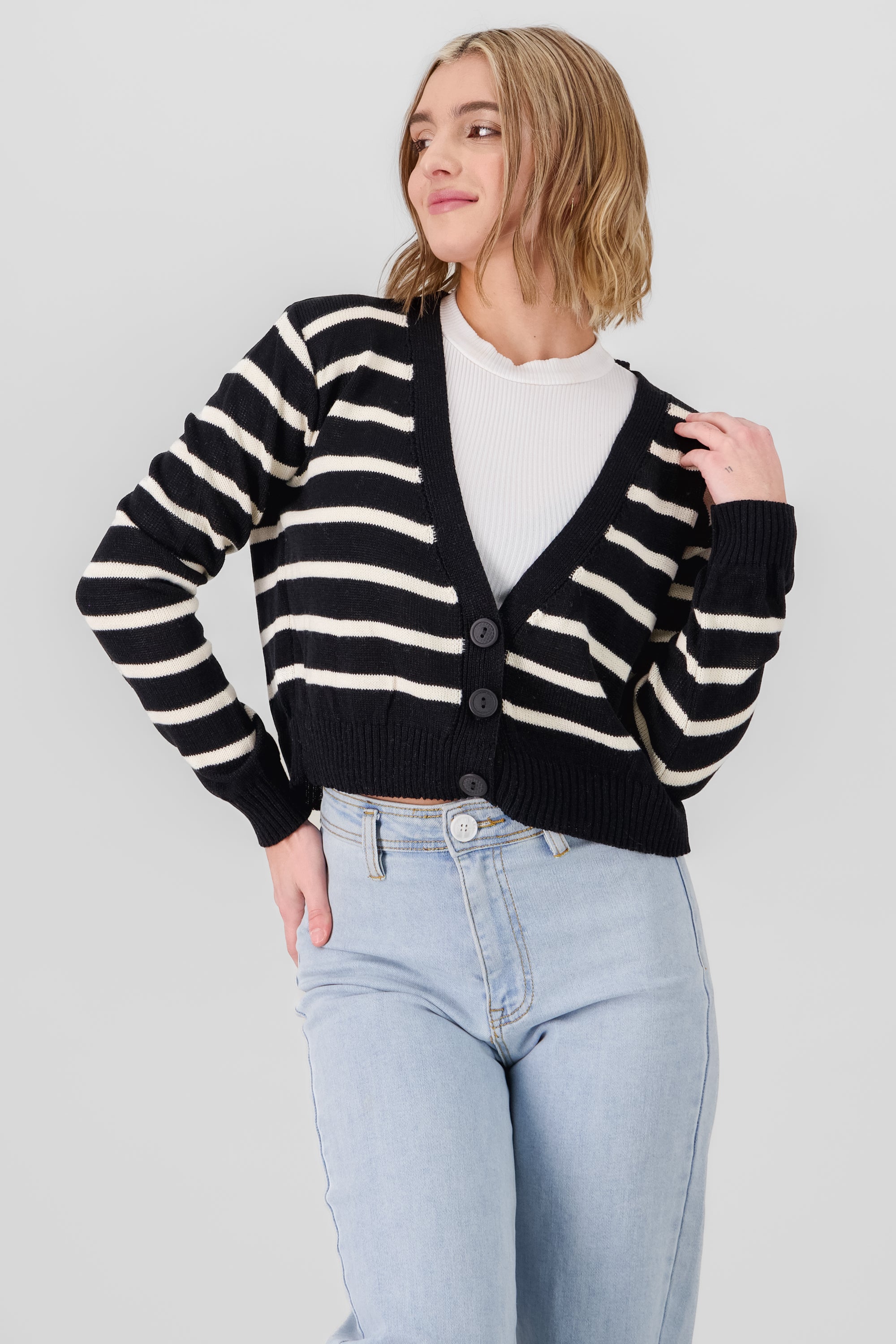 Striped Button Cardigan BLACK COMBO