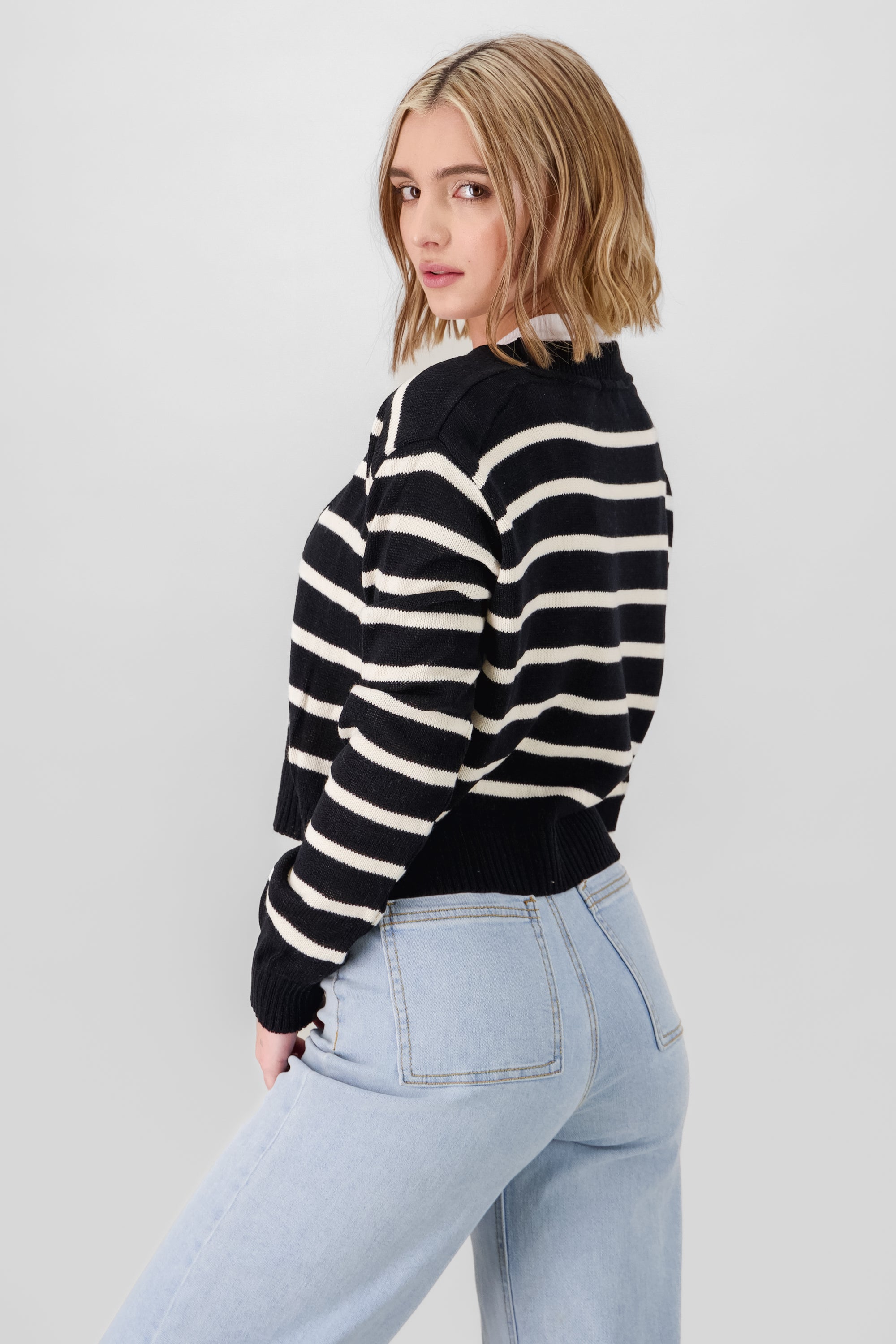 Striped Button Cardigan BLACK COMBO