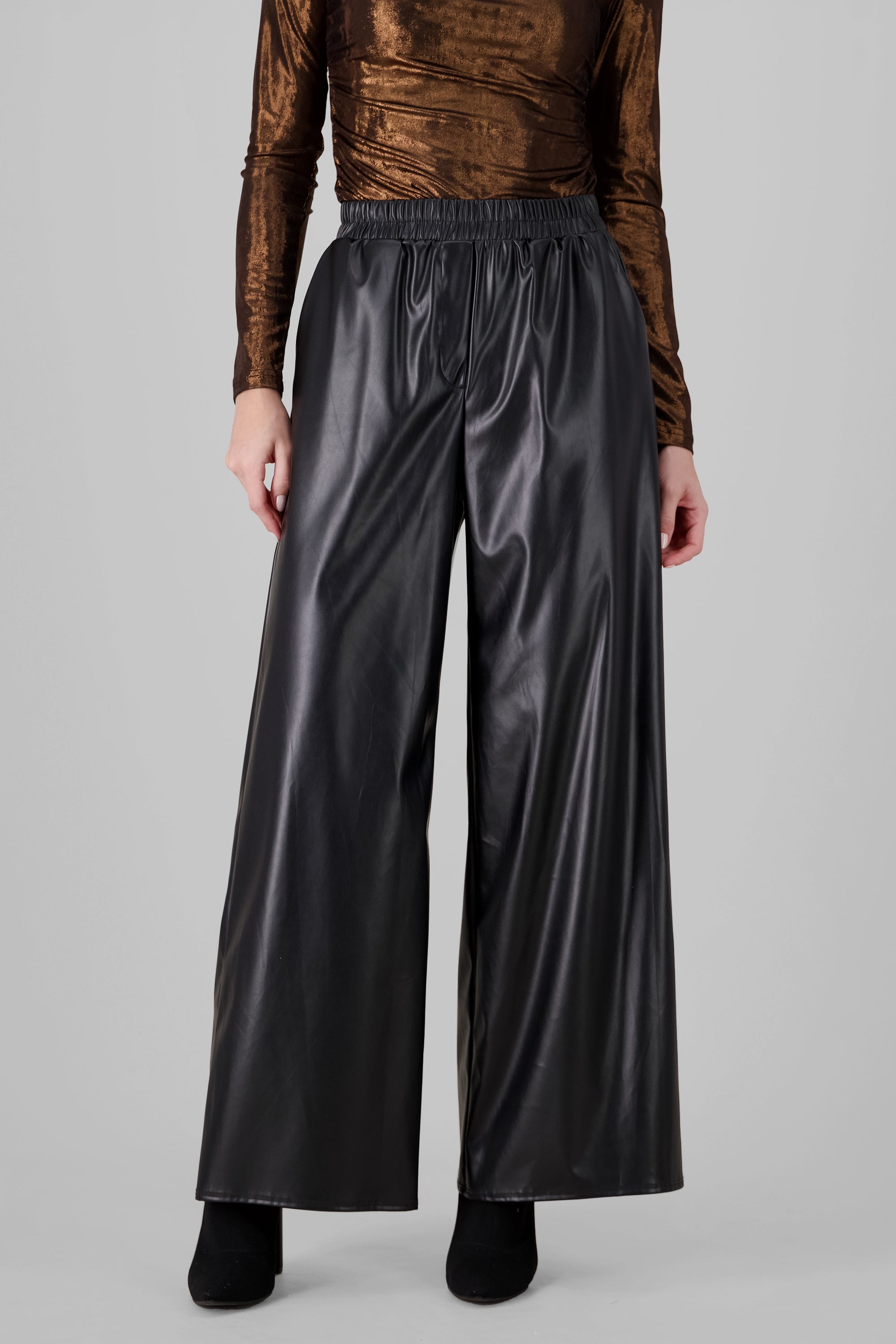 Wide Leg Faux Leather Pants BLACK