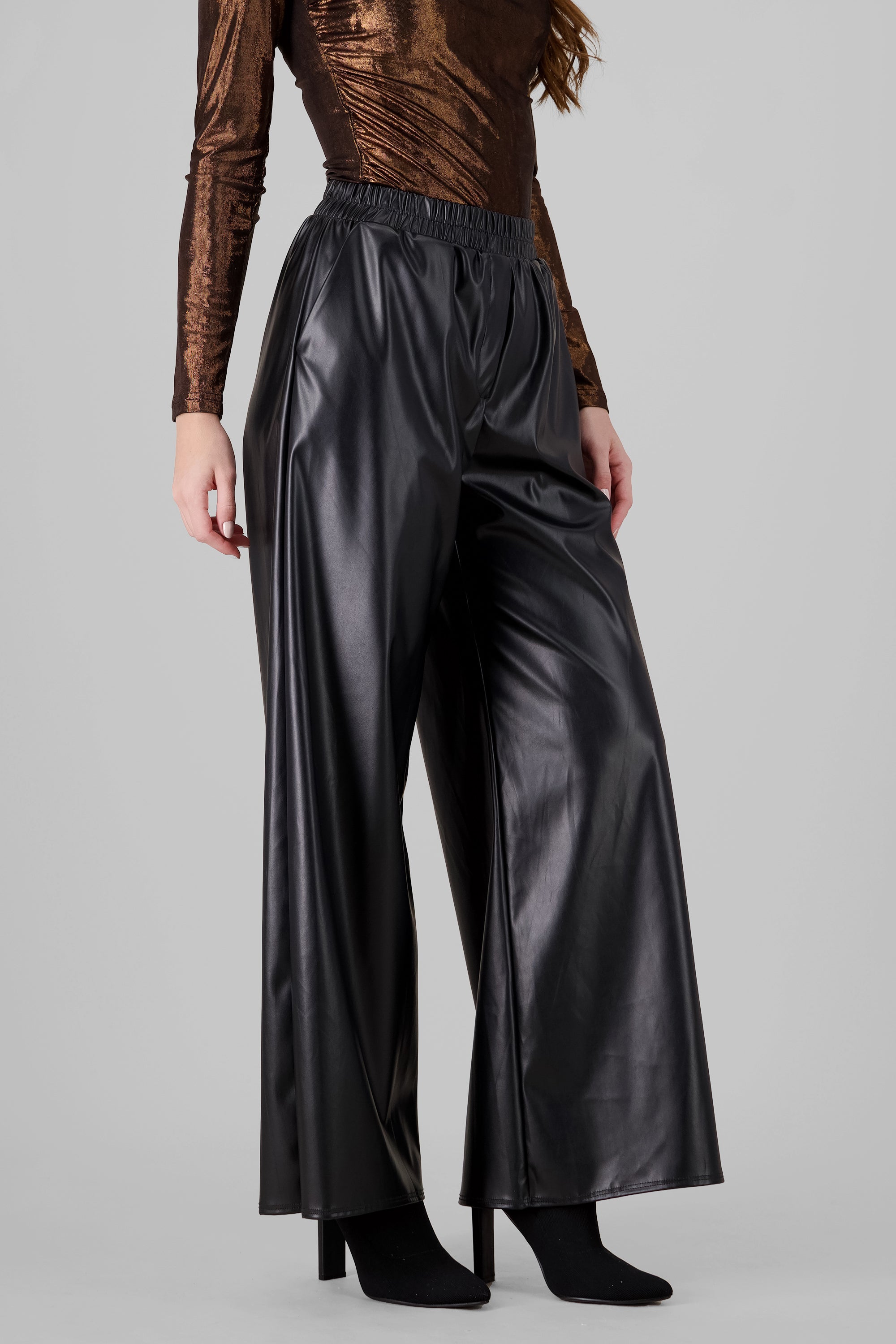 Wide Leg Faux Leather Pants BLACK