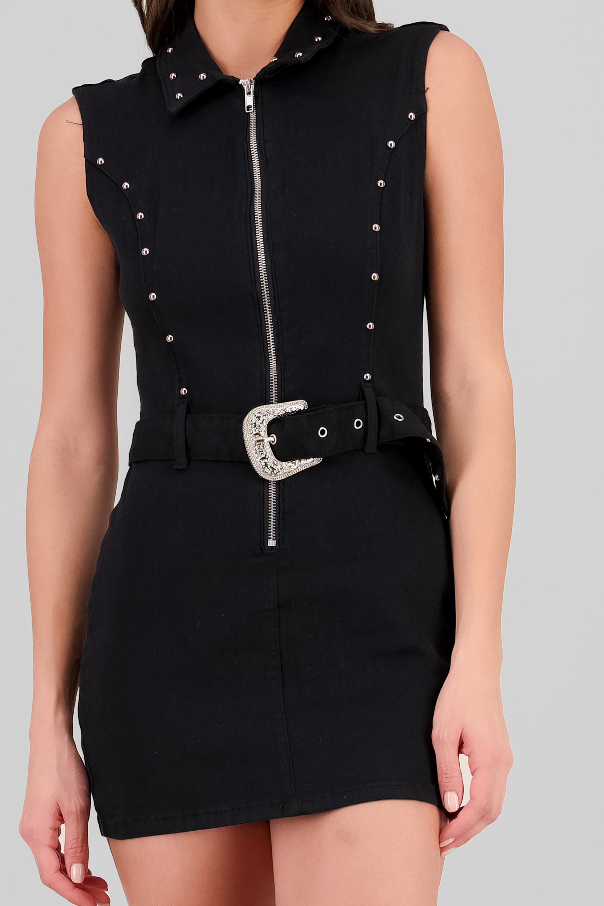 Studded Detail Dress with Belt BLACK