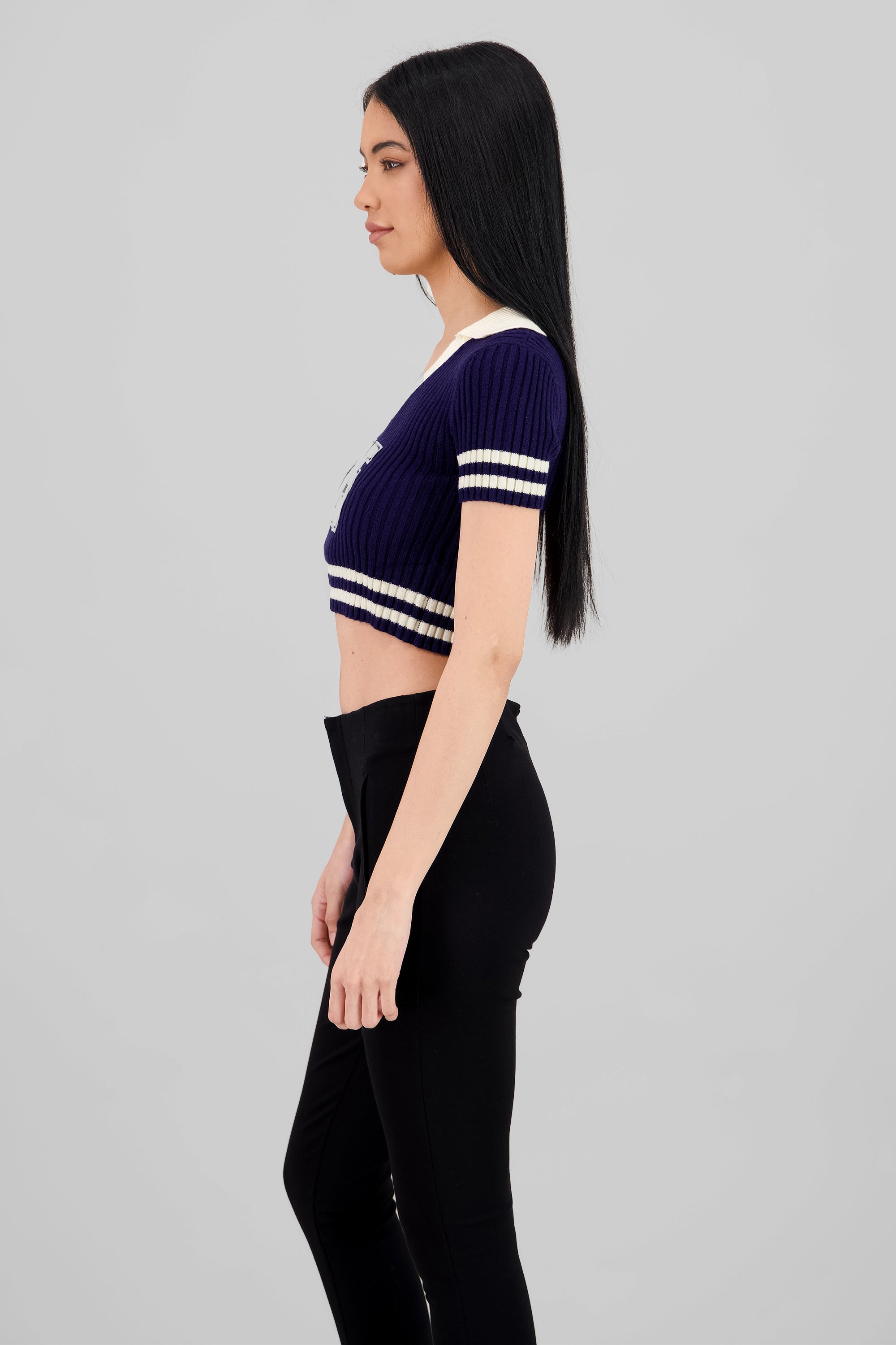 Ribbed Polo Knit Top NAVY COMBO