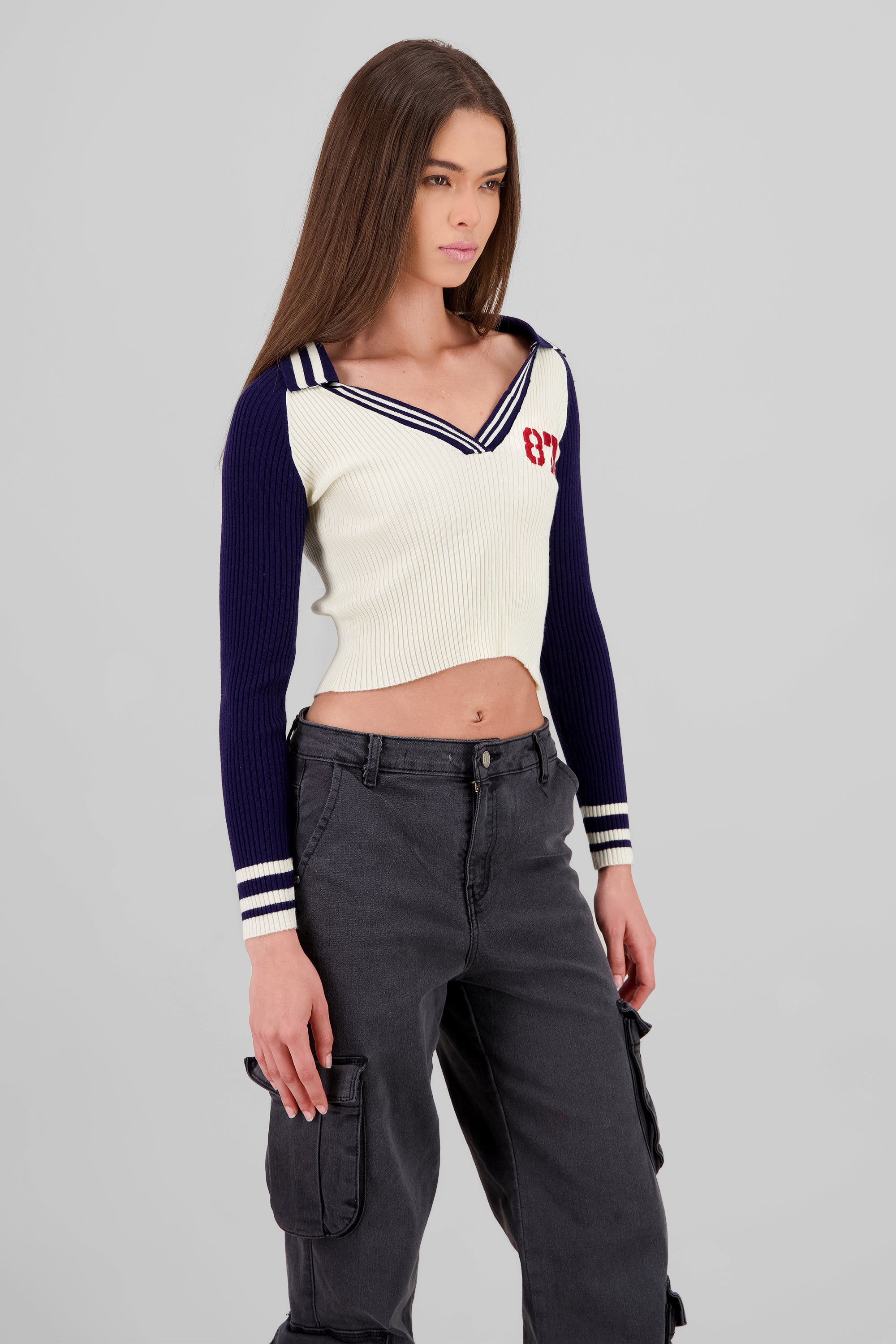 Contrast Knit Polo Long Sleeve Top NAVY COMBO