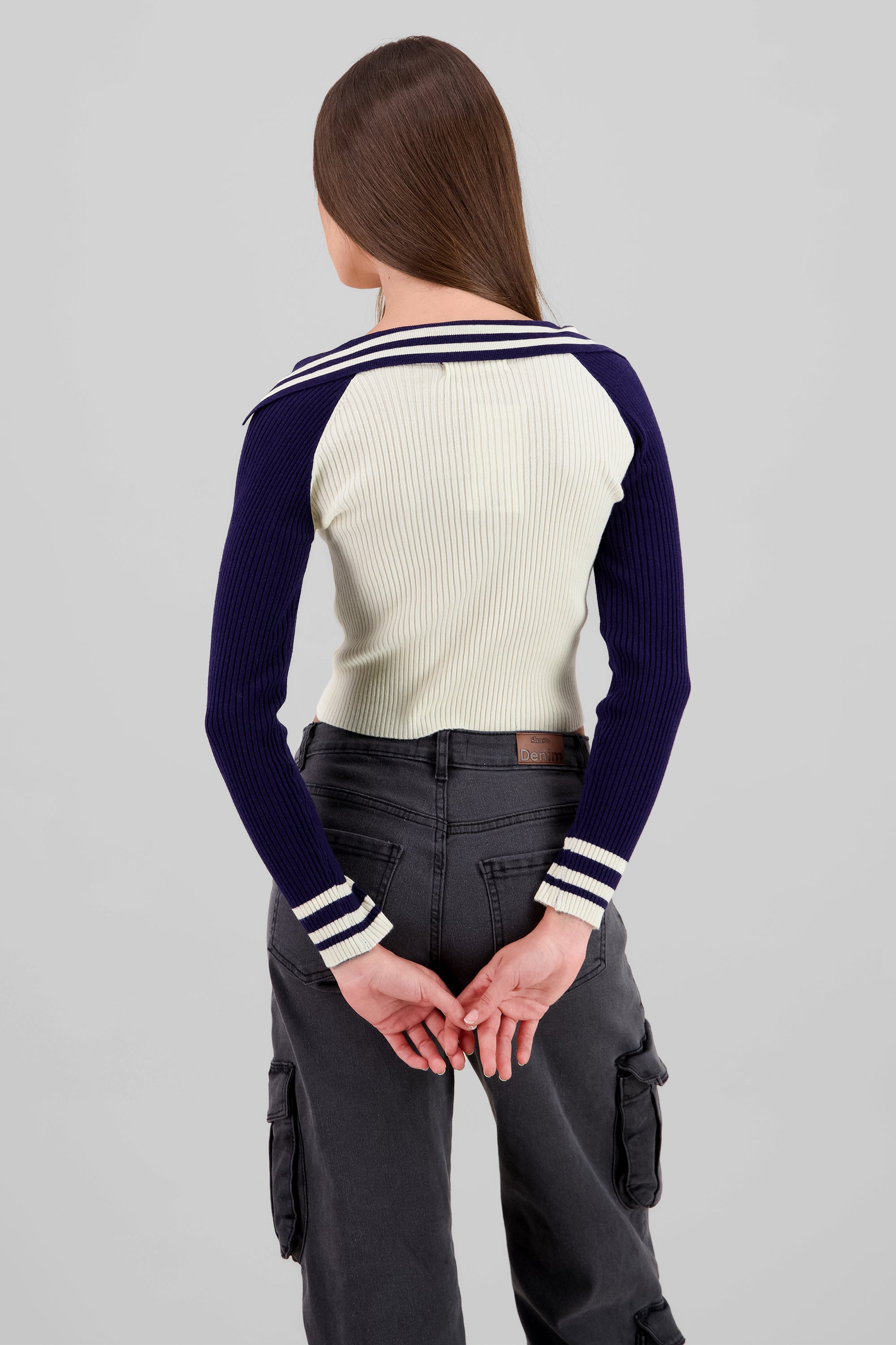 Contrast Knit Polo Long Sleeve Top NAVY COMBO