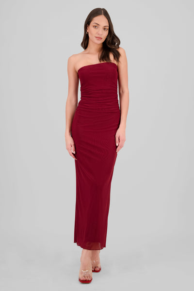 Pleated Mesh Strapless Dress BURGUNDY