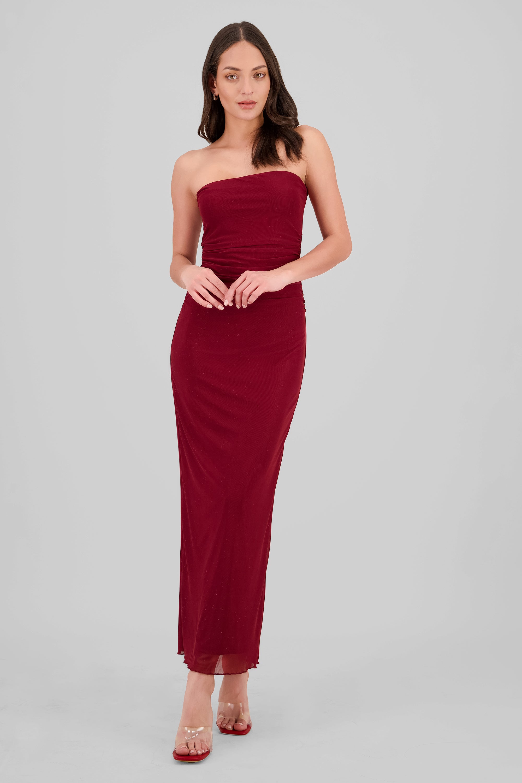 Pleated Mesh Strapless Dress BURGUNDY