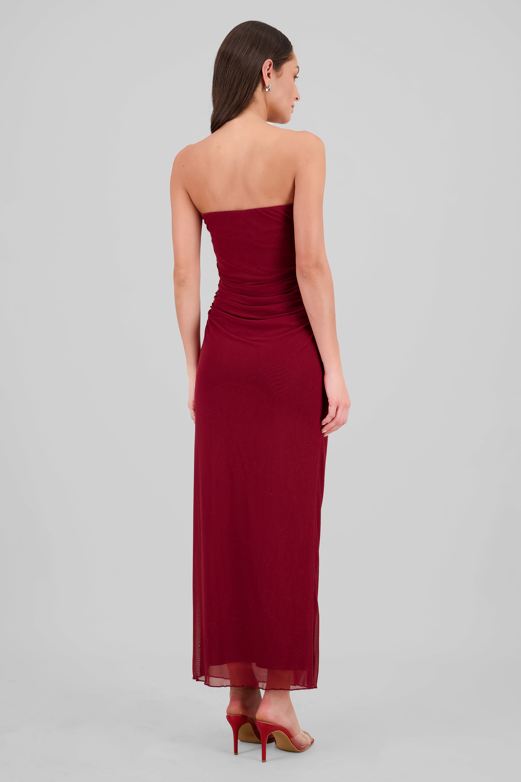 Pleated Mesh Strapless Dress BURGUNDY