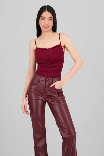 Sparkly Cowl Neck Bodysuit BURGUNDY