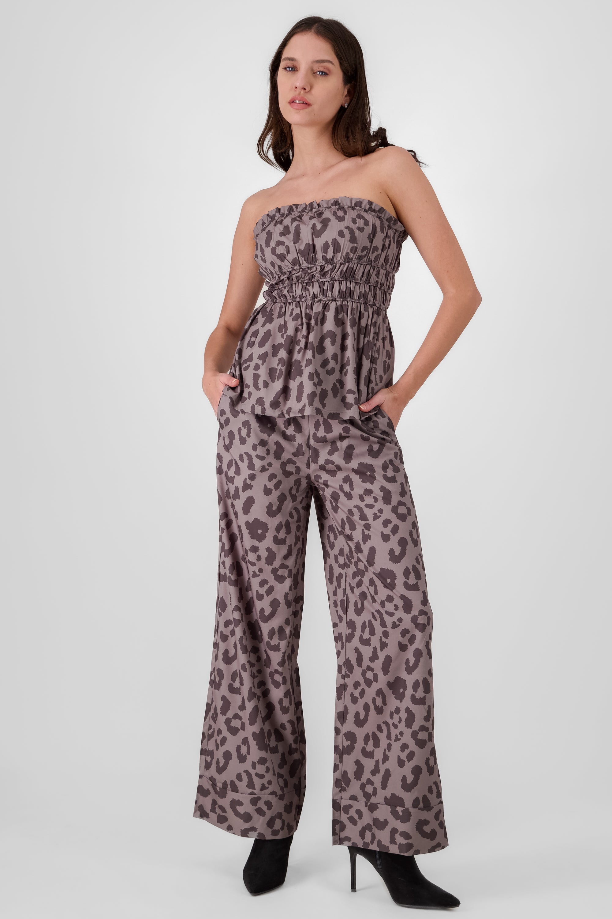 Wide Leg Animal Print Pants GRAY COMBO