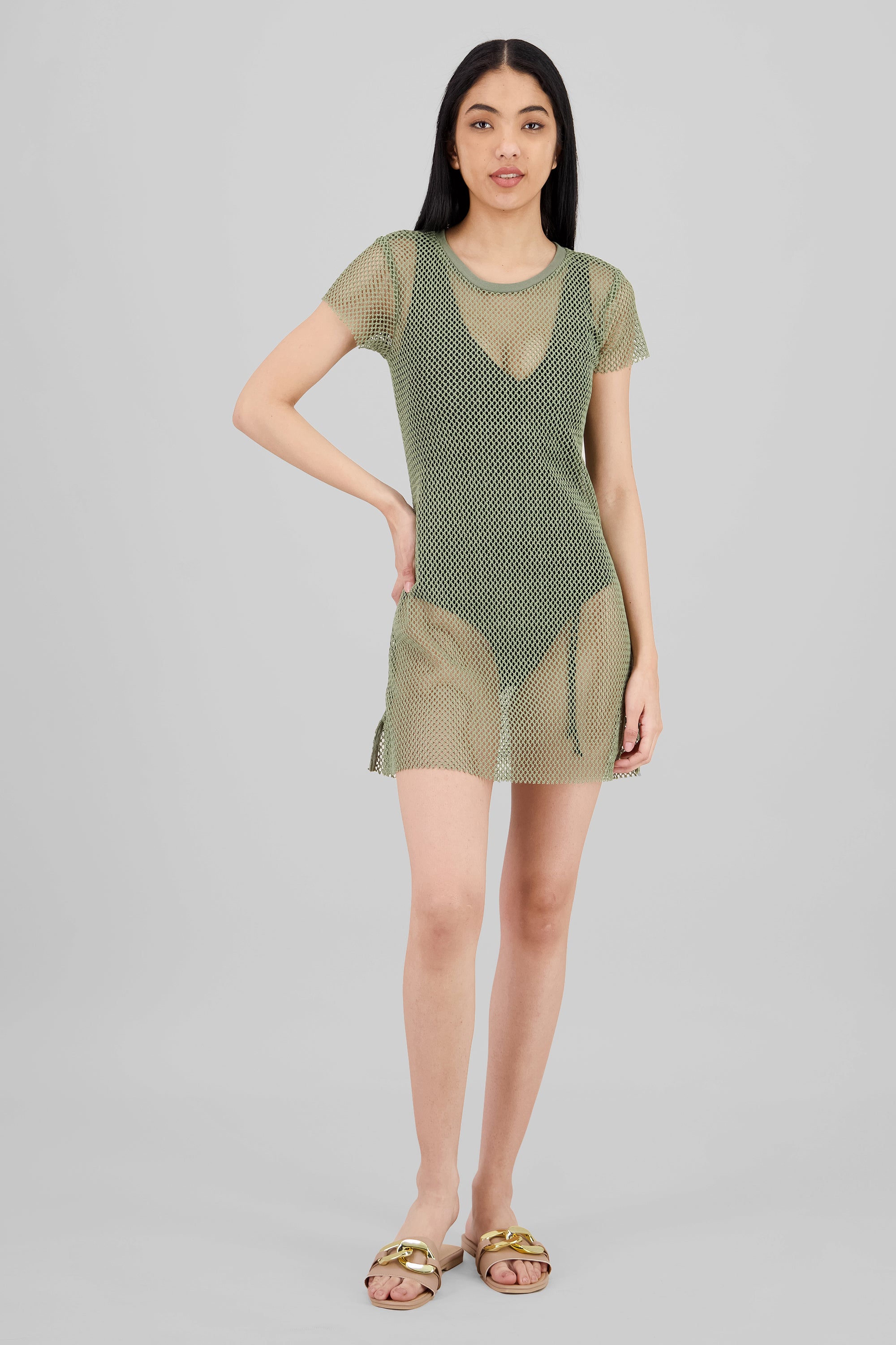 Short Sleeve Mini Red Beach Cover Up OLIVE