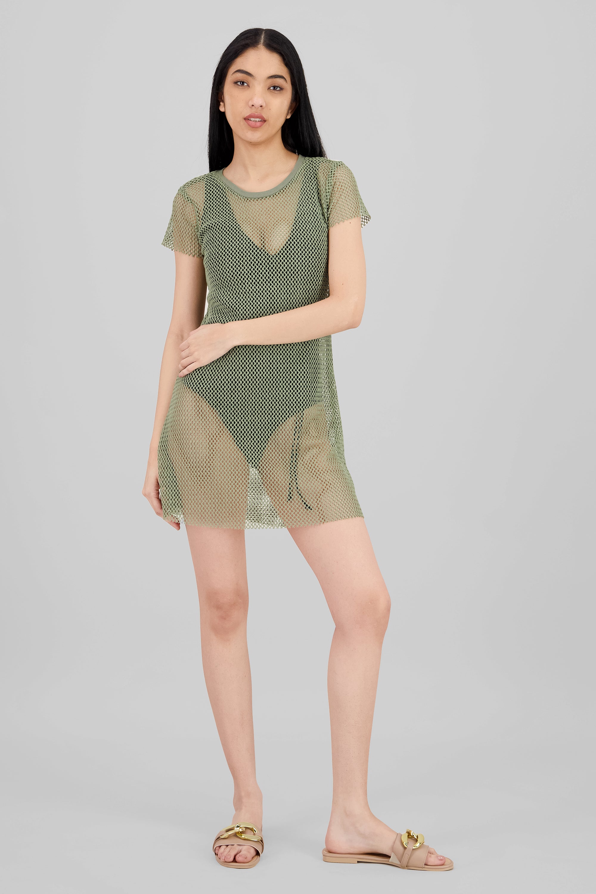 Short Sleeve Mini Red Beach Cover Up OLIVE