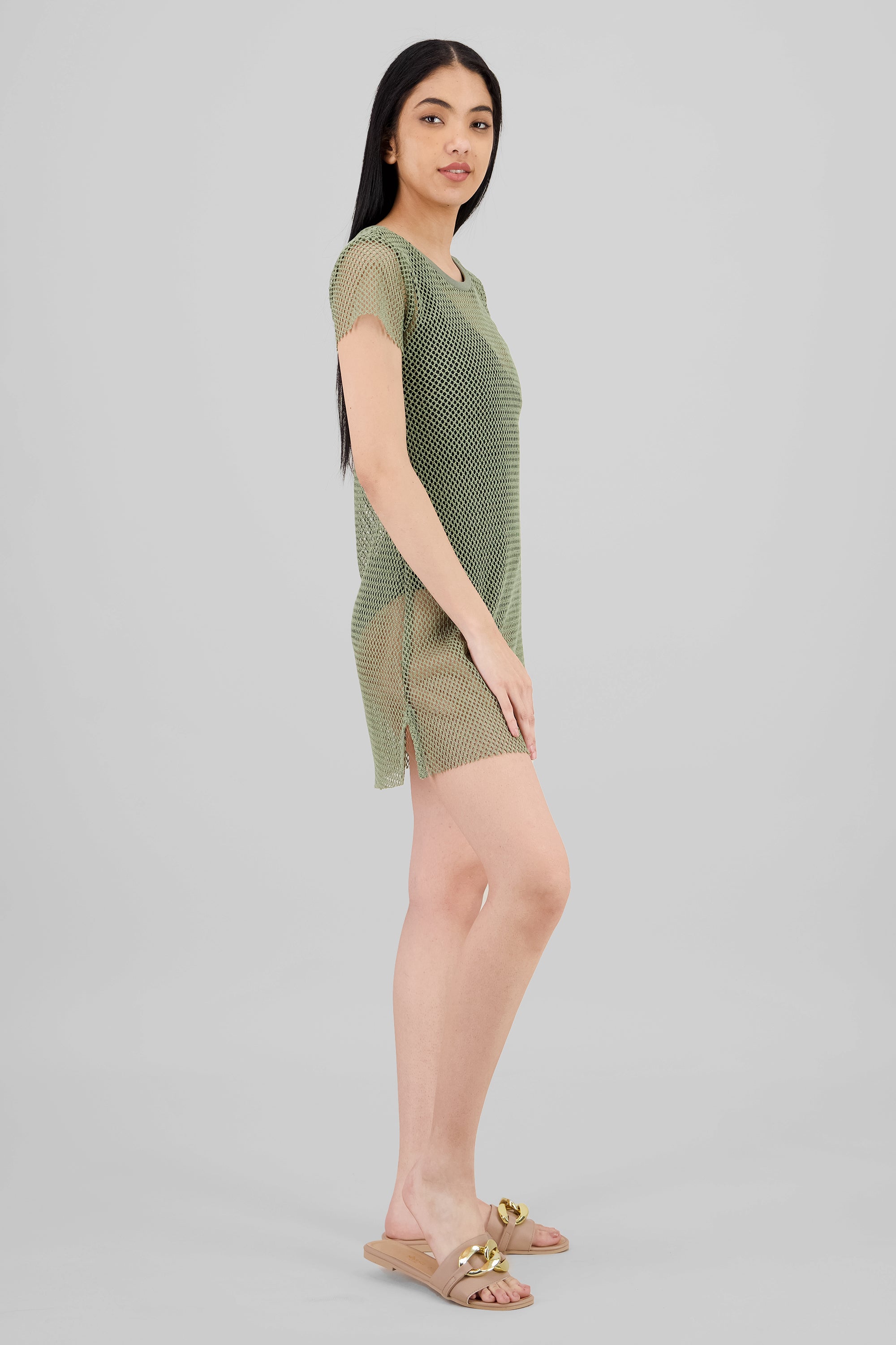 Short Sleeve Mini Red Beach Cover Up OLIVE