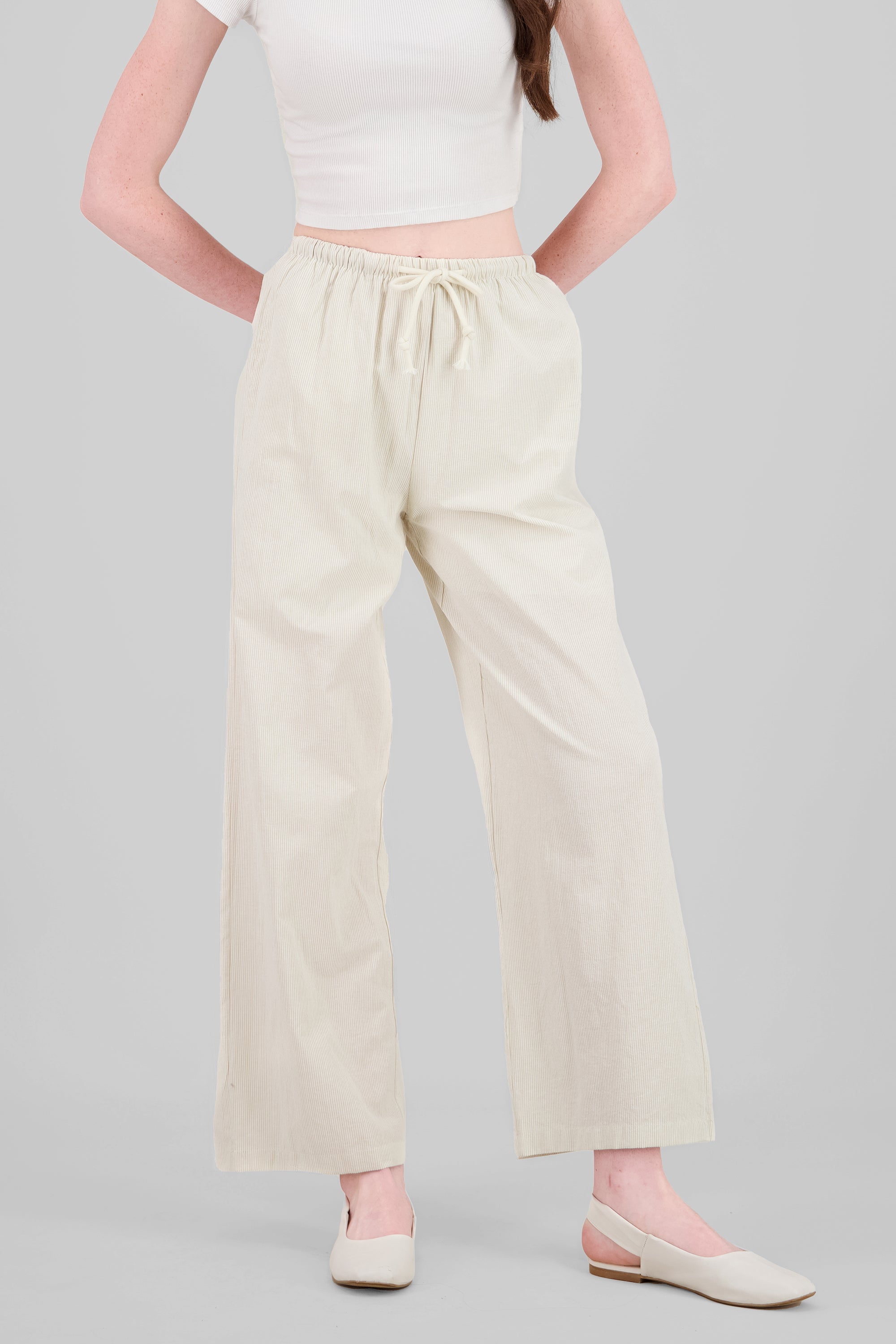 Striped Straight Pants BEIGE