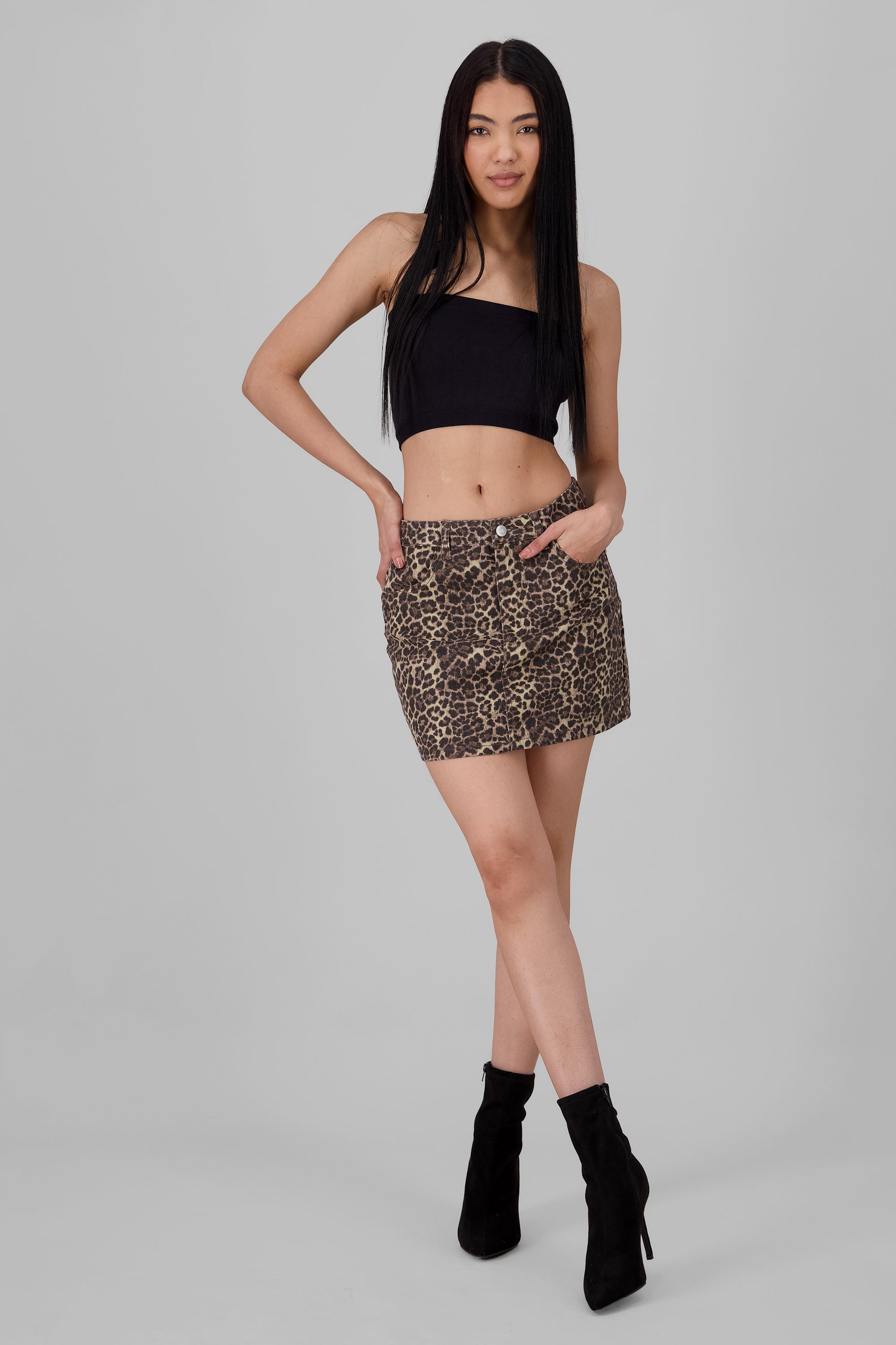 Leopard Print Denim Mini Skirt BROWN COMBO