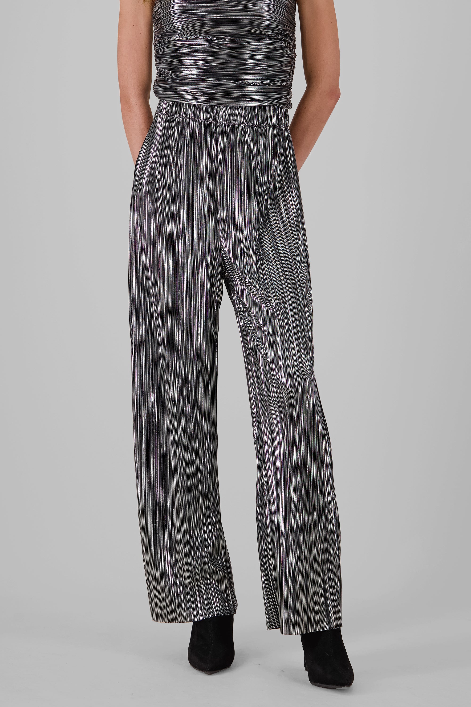 Wide Leg Metallic Pleated Pants SILVER