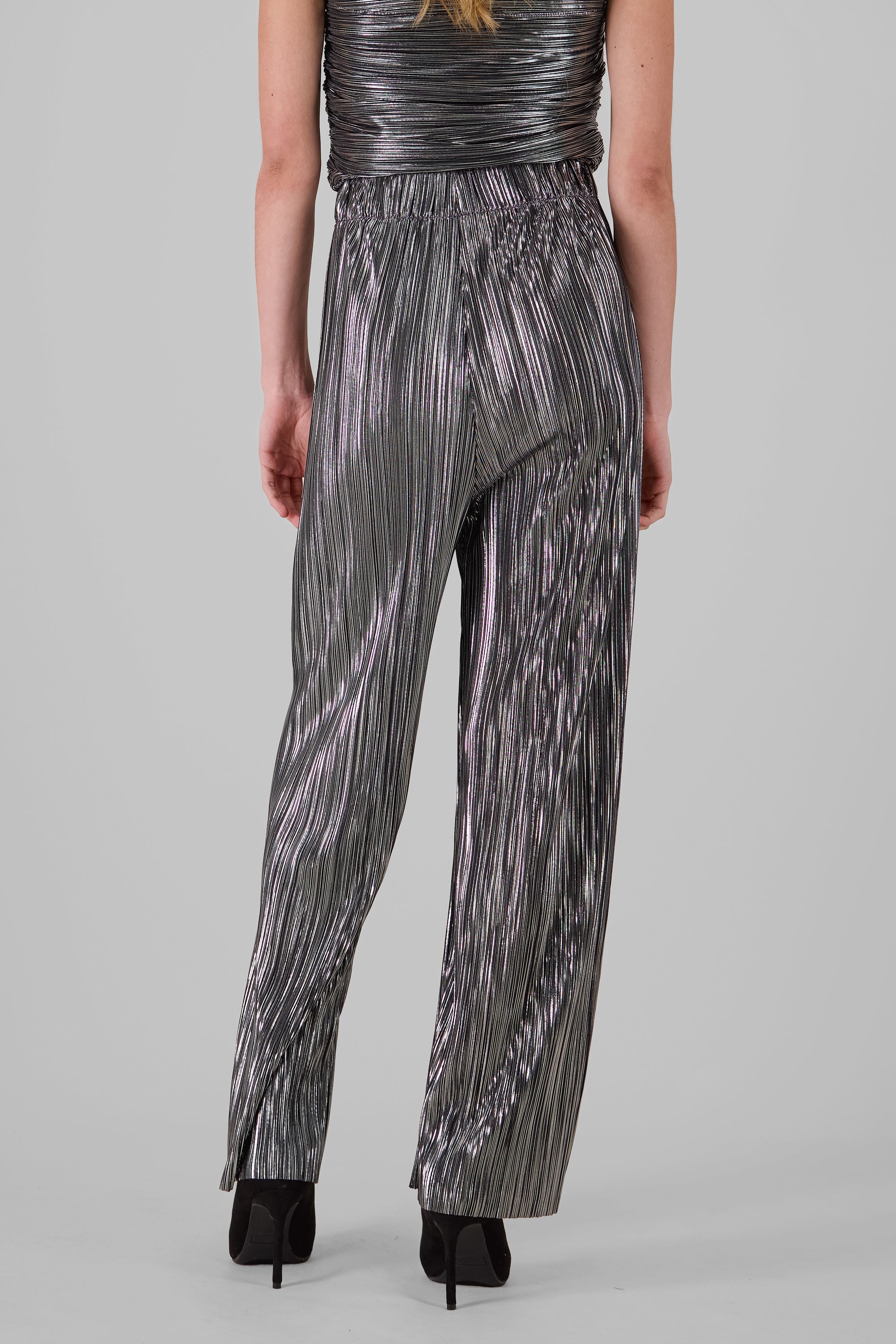 Wide Leg Metallic Pleated Pants SILVER